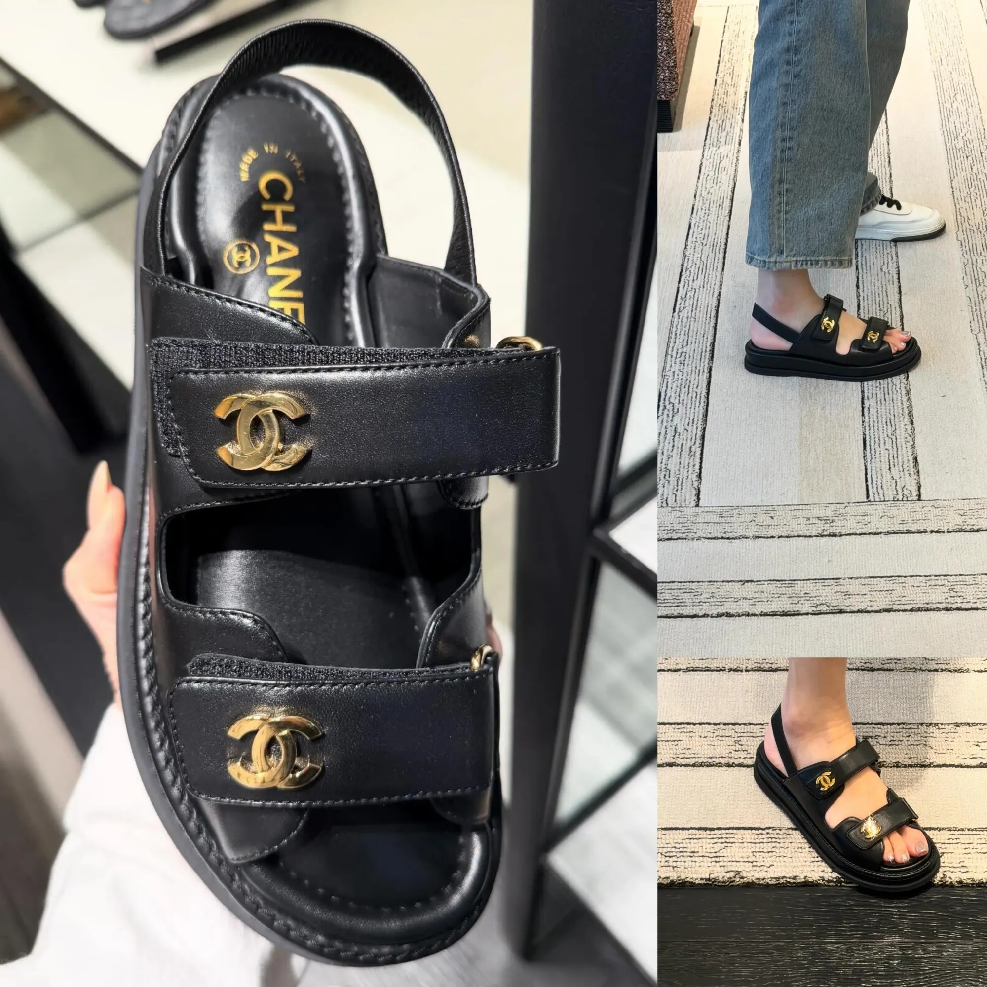 日本現場&nbsp;CHANEL Markdown&nbsp;鞋履區照片。網民分享當日試穿黑色&nbsp;CHANEL logo&nbsp;老爹涼鞋（Dad Sandals），屬今季較受關注款式之一。