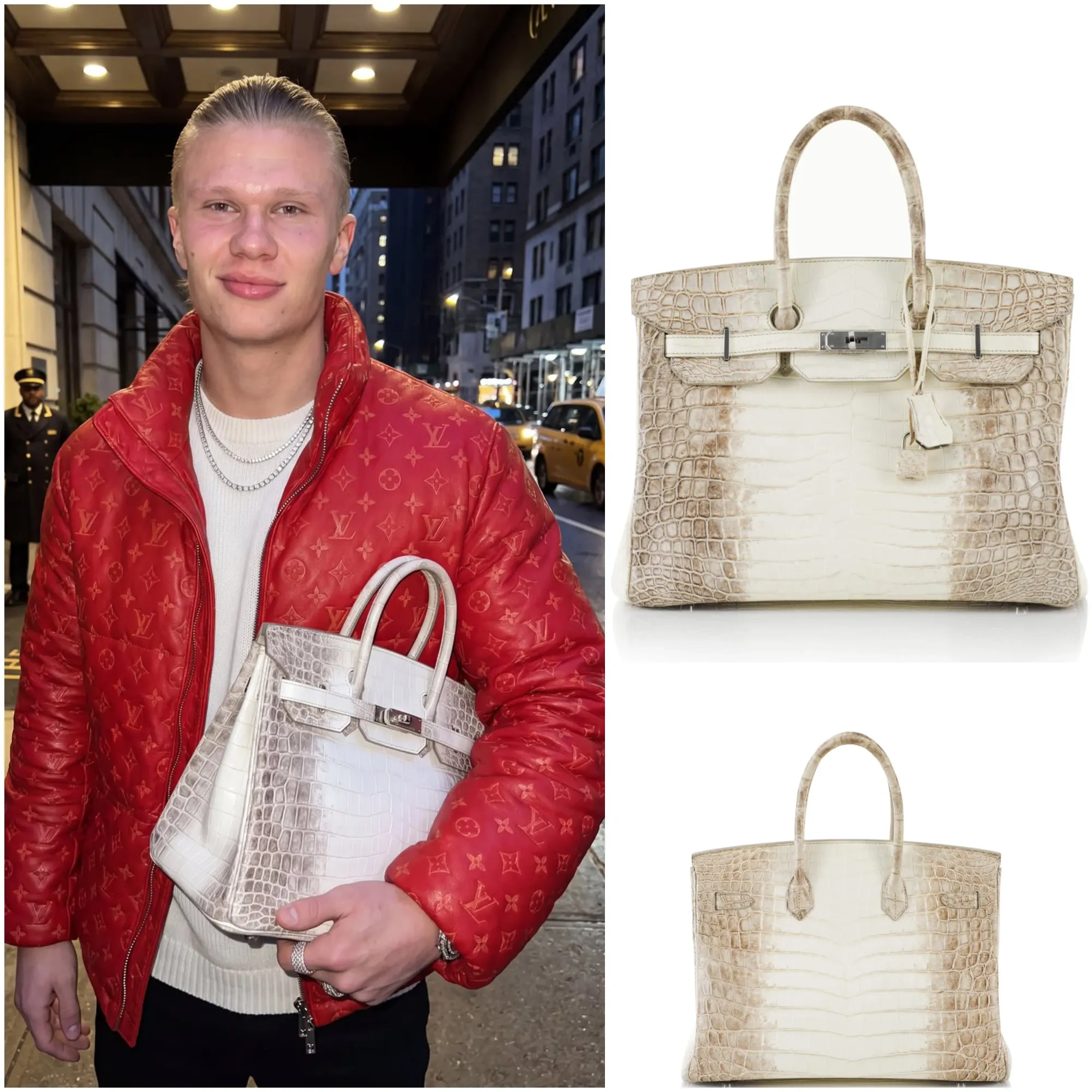 Haaland手持Hermès White Himalaya Birkin公開亮相,估計為35厘米版本。Himalaya系列以漸變色鱷魚皮工藝聞名,一直被視為Hermès最具代表性嘅珍稀皮革作品之一。