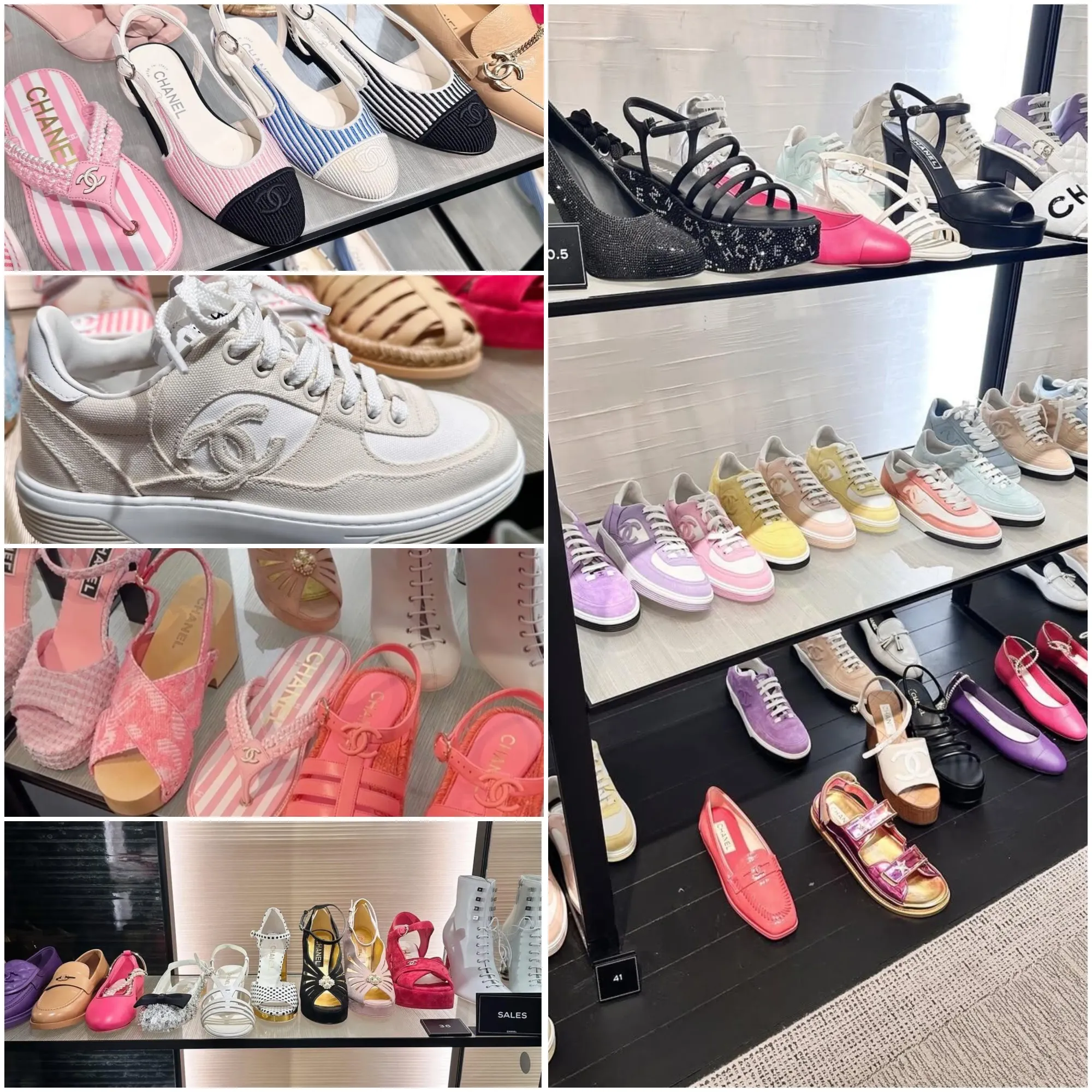 日本現場&nbsp;CHANEL Markdown&nbsp;鞋履區照片。現場以季節鞋款為主，整體陳列偏向夏季系列設計，尺碼分布不算平均。