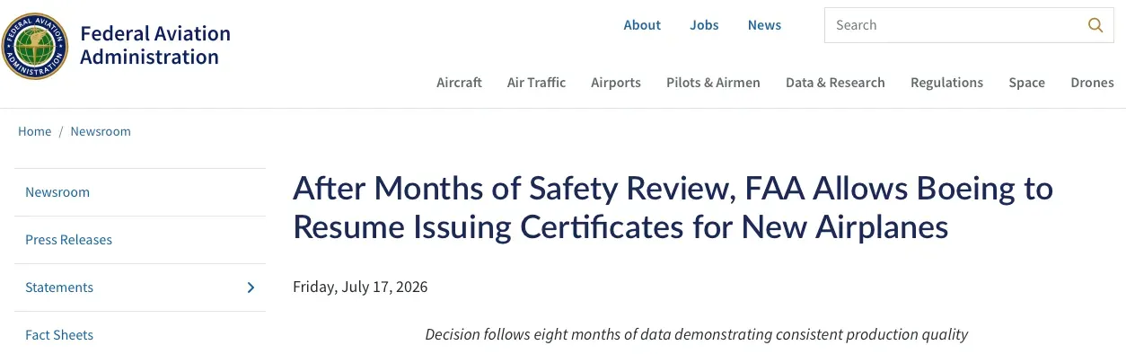 美國聯邦航空管理局(Federal Aviation Administration, FAA)宣佈,已經全面恢復波音公司(Boeing,股票代號:BA)為旗下新出廠嘅737 MAX同埋787客機發出適航證書(Airworthiness Certificates)嘅權力。