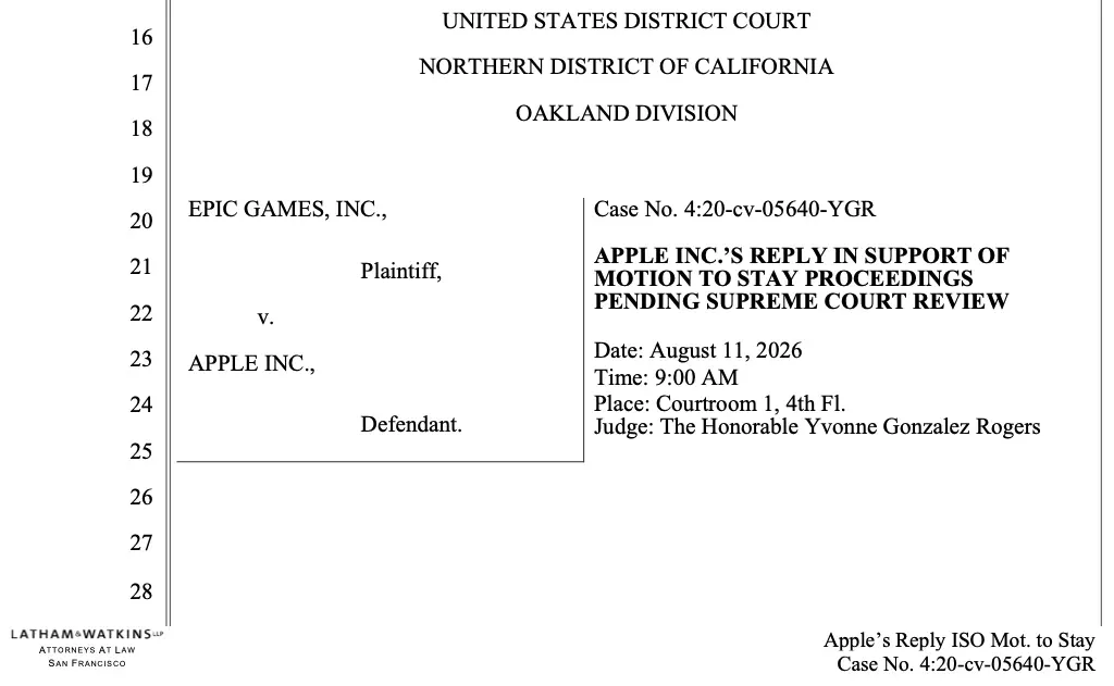 Apple 向法庭申請暫緩處理 App Store 佣金爭議嘅下級法院程序，並強烈反駁 Epic 稱其為「拖延戰術」嘅指控，堅持等待最高法院對其「藐視法庭」裁決嘅覆核結果。