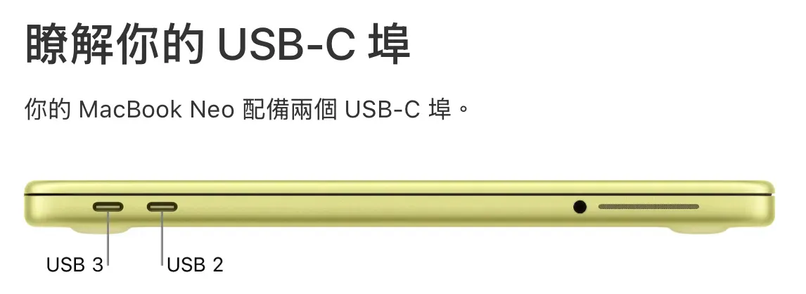 Apple喺硬件配置上做咗一啲取捨。當你觀察MacBook Neo機身側面嘅時候，會見到兩個外觀一模一樣、完全分唔出分別嘅USB-C接口。