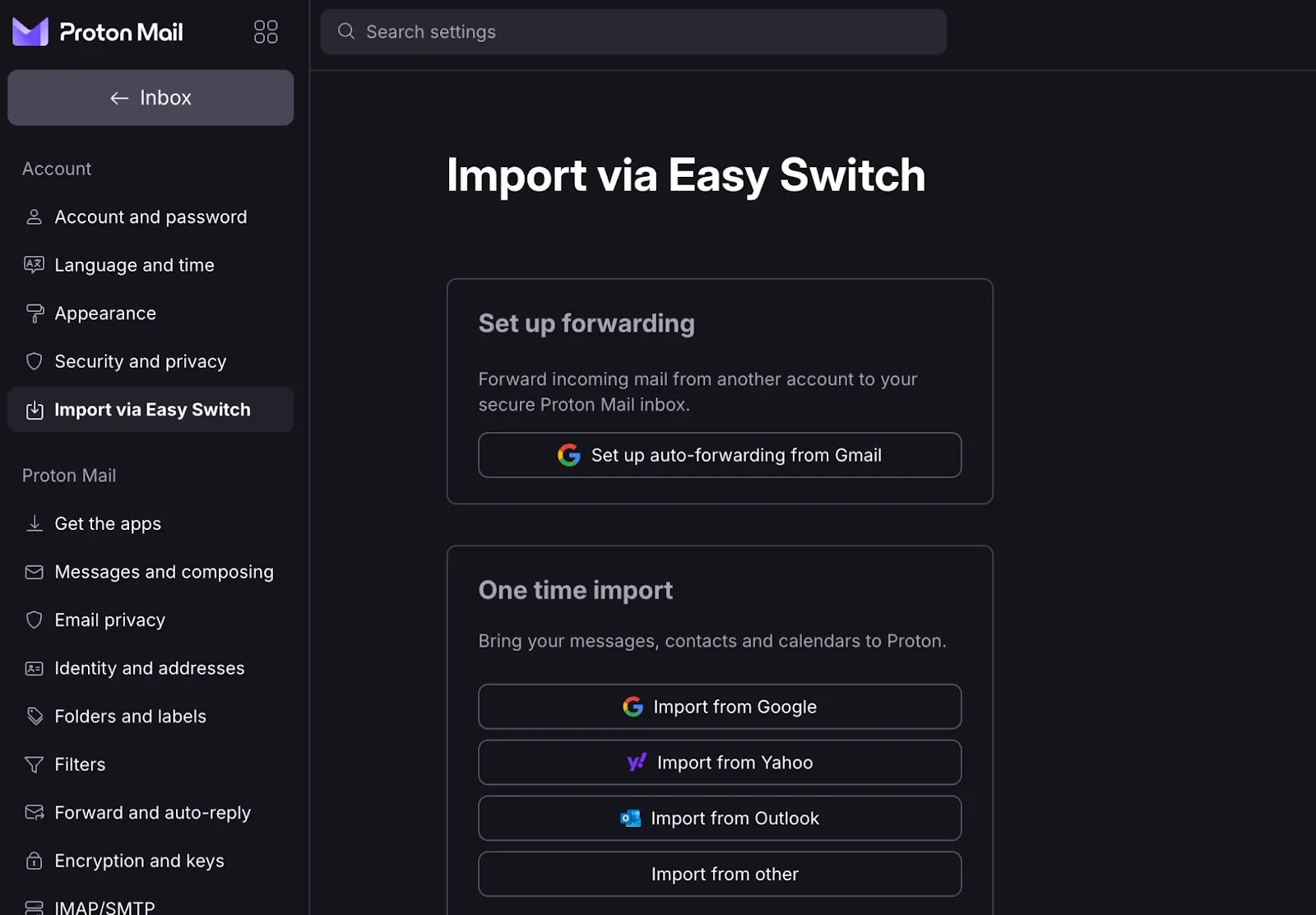 Proton 提供咗一個名為「Easy Switch」嘅內置工具,可以無縫將你原本喺 Google 帳號(即係你用 Notion Mail 管理緊嗰個帳號)入面嘅資料搬過去。