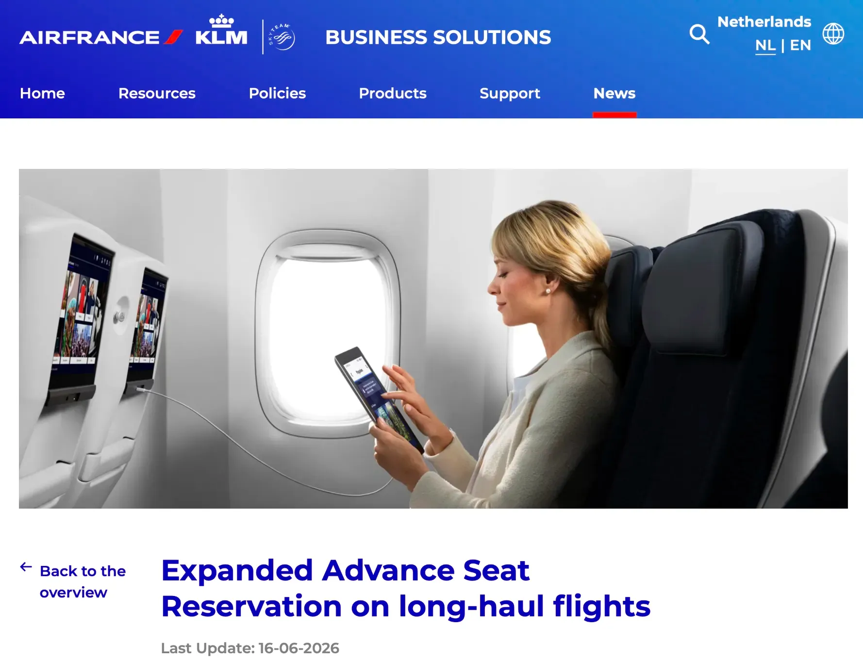 根據最新官方資訊,法國航空(Air France)與荷蘭皇家航空(KLM)由2026年6月中旬開始,進一步擴展長途航班商務艙嘅提前選位收費政策(Advance Seat Reservation, ASR)。