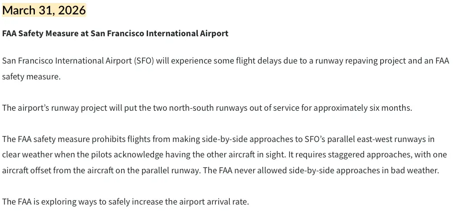 FAA 喺今年 3 月下旬發出咗一項新嘅安全指引,嚴格限制咗呢種平行降落嘅操作模式。