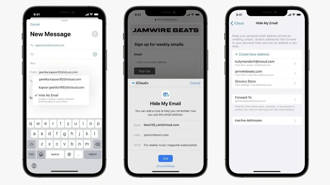 「隱藏我的電子郵件」係一項容許 iPhone、Mac 同 iPad 用家喺註冊網站、訂閱服務或者發送電郵時,生成一個全新、隨機且獨一無二嘅虛擬電郵地址(例如:xyz123@icloud.com)。所有寄往呢個虛擬地址嘅郵件,都會由伺服器自動、隱形地轉寄到用家真正嘅主要電郵信箱內。