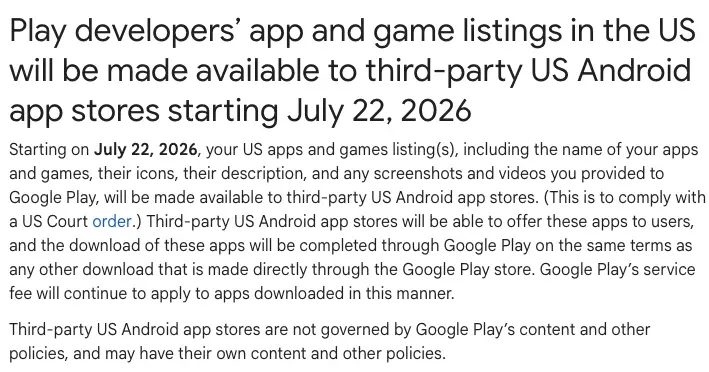 Google Play 重大開放：7月22日起美國率先容許第三方 App Store 接入
