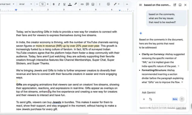 人工智能而家可以閱讀、理解並總結 Google 文件入面嘅留言，識別關鍵主題或阻礙項目進度嘅待辦事項。