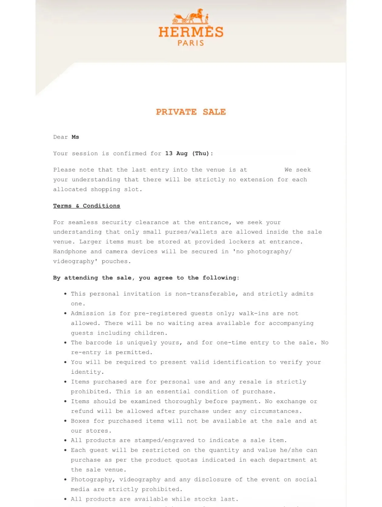 Hermès Singapore Private Sale 2026 Invitation Letter。邀請函列明指定入場日期及時段,並強調邀請不可轉讓、只限預先登記人士,以及不設Walk-in。