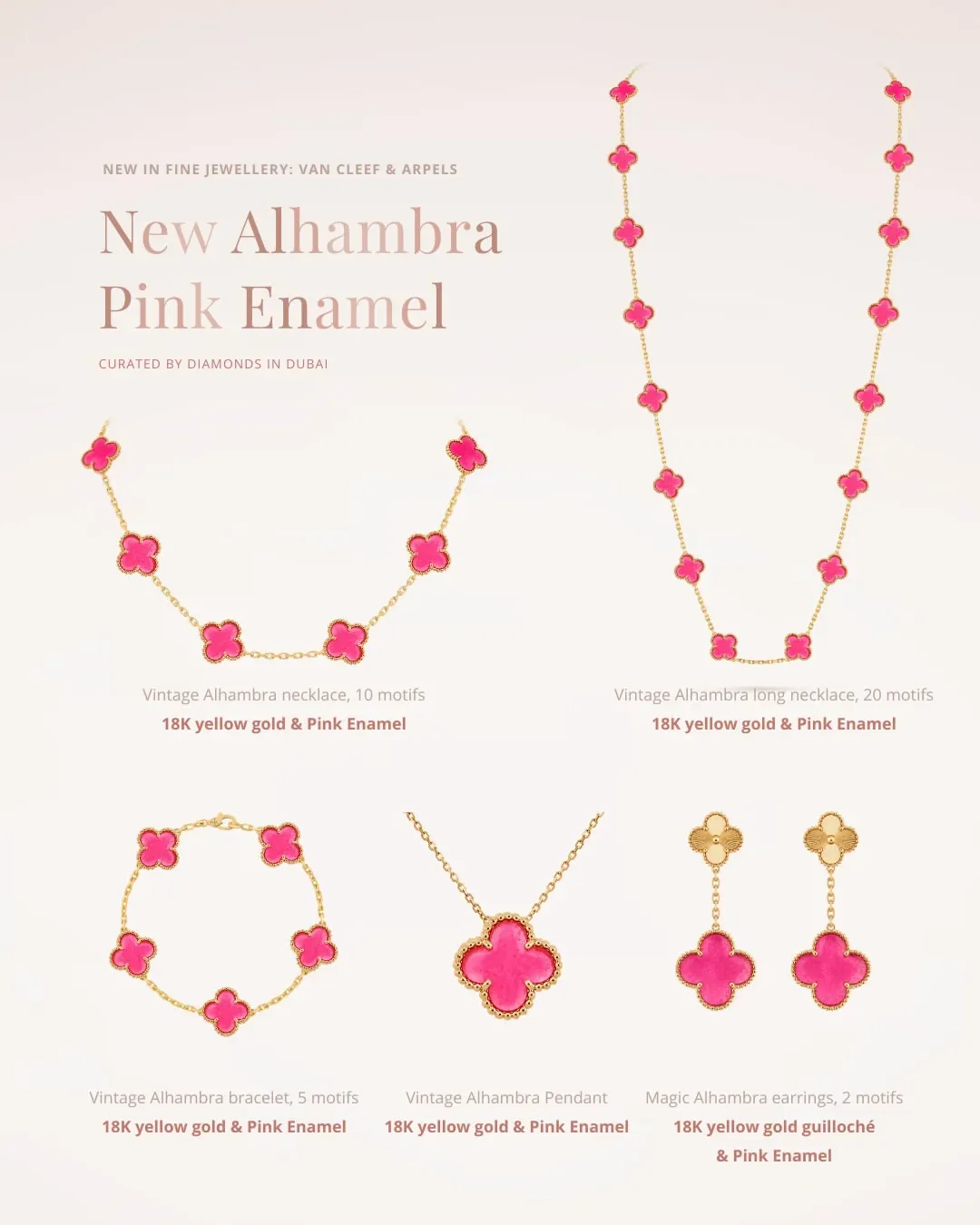網民分享嘅Pink Enamel Alhambra系列全套圖片,包括20 Motifs二十花長頸鏈、10 Motifs十花頸鏈、單枚吊墜、手鏈及耳環,展示新品粉紅琺瑯與經典Alhambra造型嘅結合。