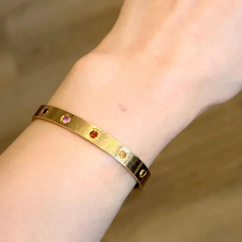 Cartier Rainbow Love Bracelet 採用多種天然彩色寶石排列,呈現由暖色至冷色嘅彩虹漸層效果,同時保留Love Bracelet 經典圓環輪廓及螺絲設計,是系列最具辨識度嘅設計特色。