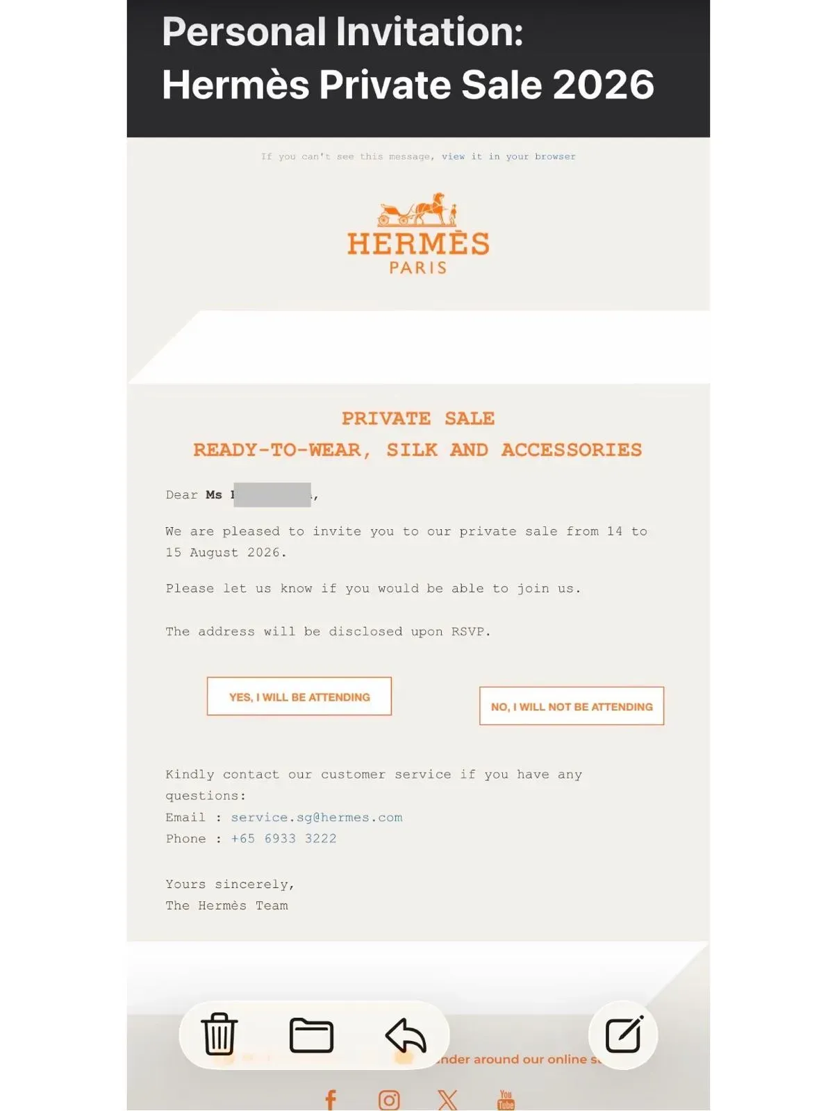 Hermès Private Sale 2026個人邀請，邀請客人確認8月14至15日場次是否出席。