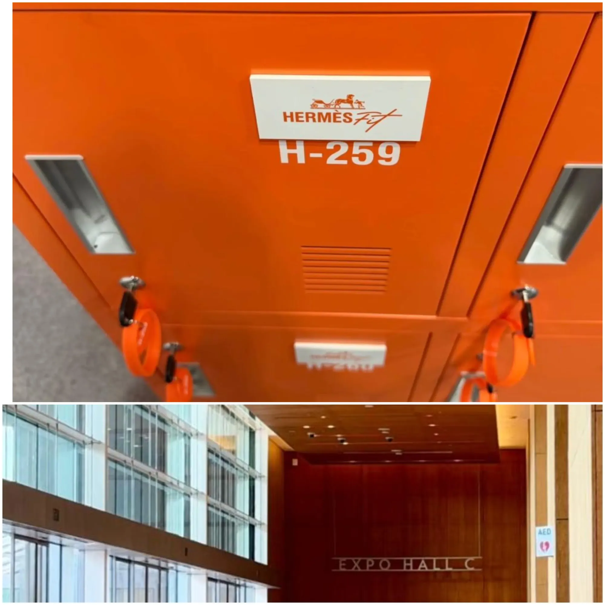 Singapore Hermès Private Sale 2026於Marina Bay Sands Convention Centre Hall C舉行，設有橙色Locker供參加者存放個人物品。