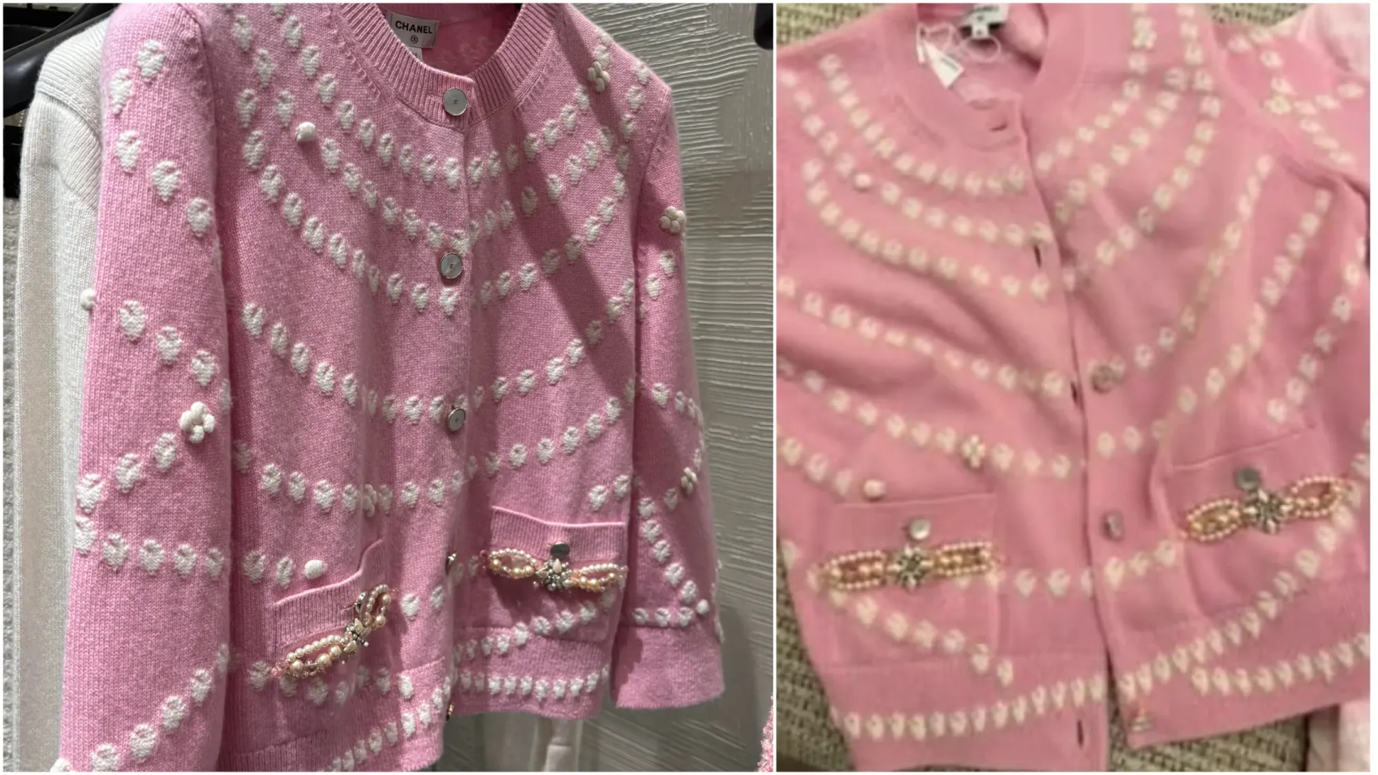 香港 CHANEL 2026 Summer Markdown 現場試穿分享。圖中可見25P春夏珍珠元素粉紅色 Cardigan。網民表示，呢款屬於之前較受注目嘅設計，同系列亦有黑色連身裙款式；今次現場只剩 36 碼一件，認為適合日常上班或外出穿搭。呢類帶有品牌標誌性元素嘅 Ready-to-Wear（服飾），亦係部分收藏者於 Markdown 尋找過季款式時會留意嘅方向。