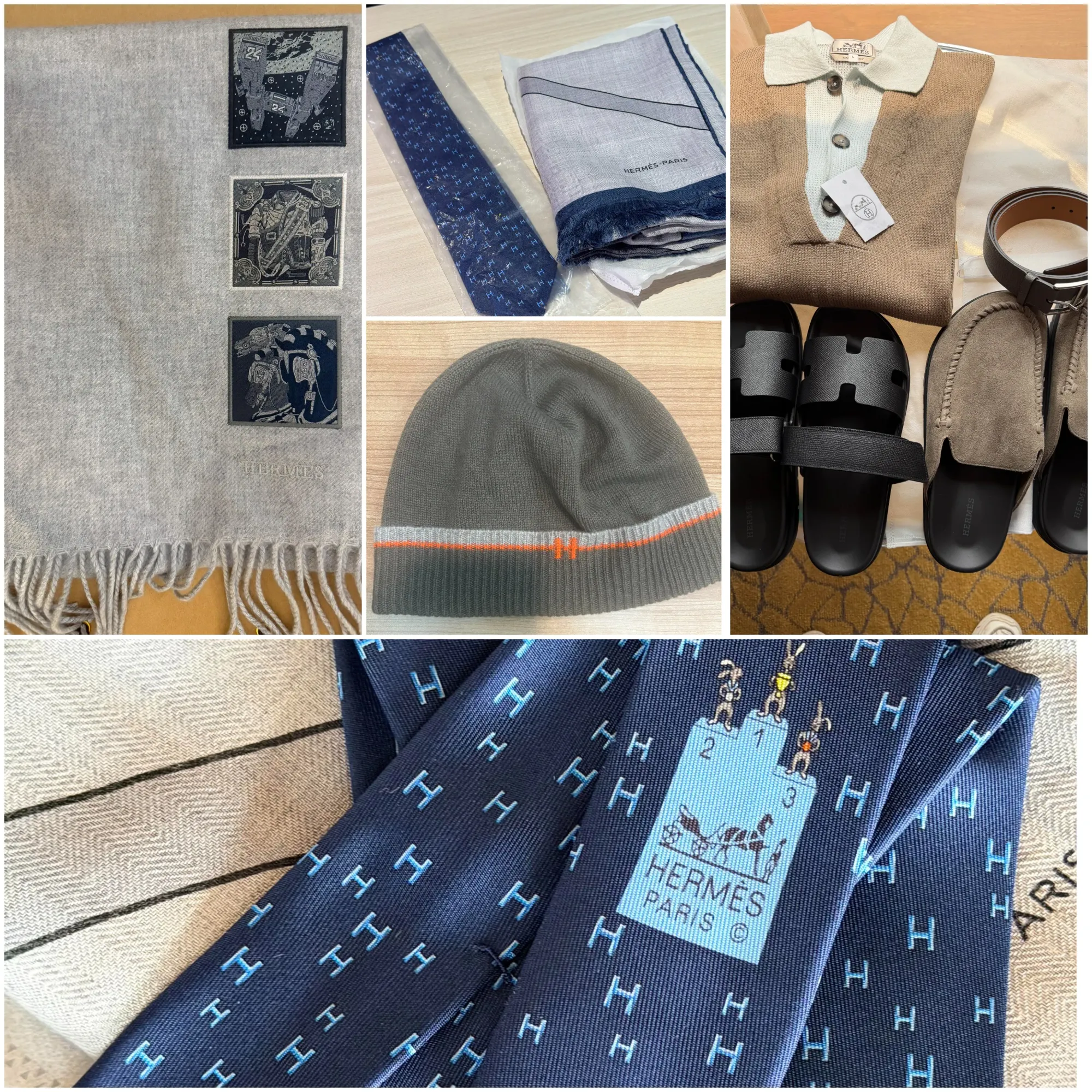 網民分享嘅北京Hermès Private Sale戰利品，包括男裝領帶、羊絨圍巾及絲巾等，部分商品標籤亦可見原價及五折後價格。