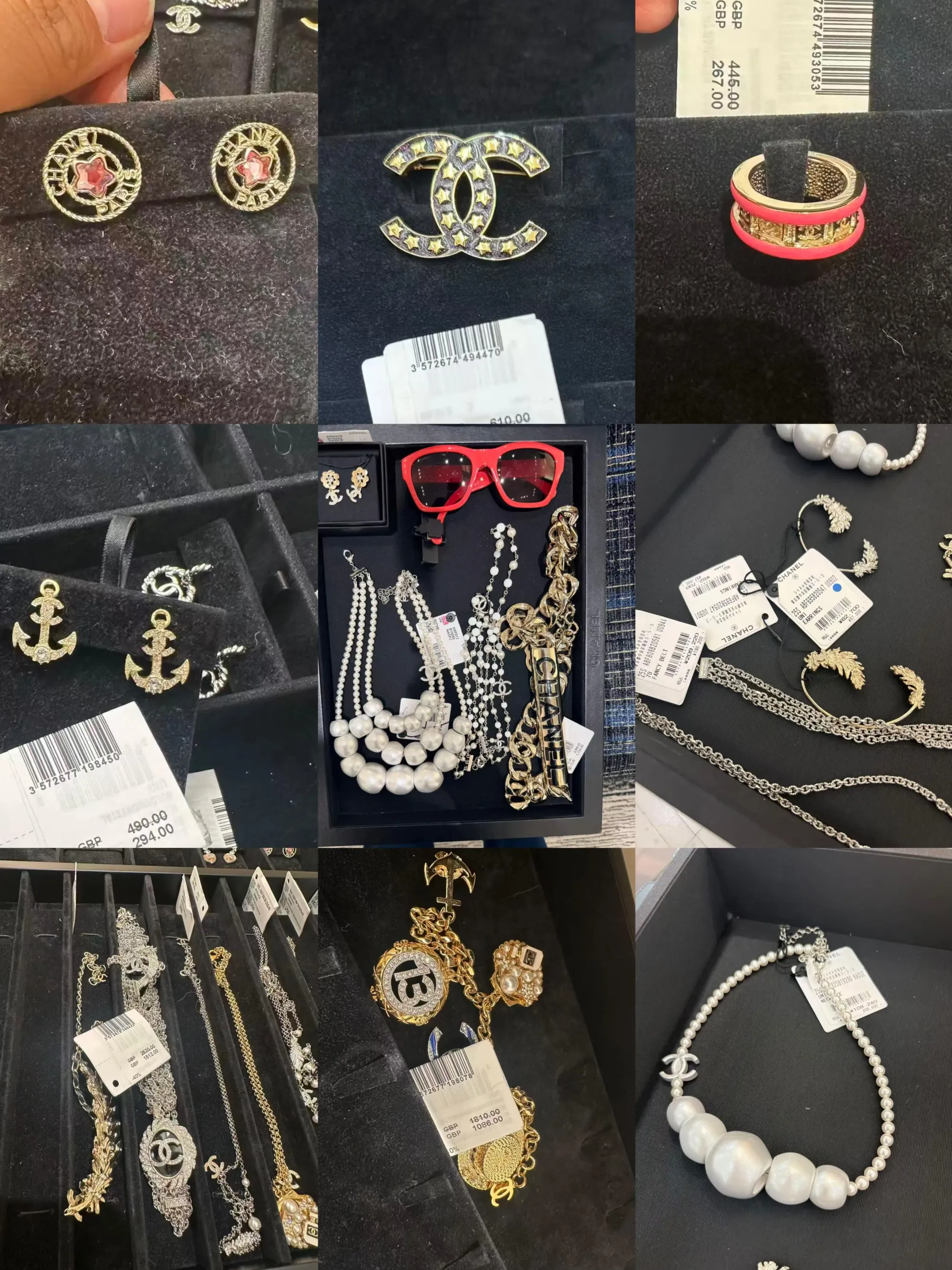 英國（UK）CHANEL Summer Markdown Fashion Jewelry（時尚首飾）現場分享。照片展示部分減價首飾款式，包括耳環、頸鏈等配件。根據公開分享，不同市場及專門店嘅&nbsp;Markdown&nbsp;商品安排都有機會不同，英國現場所見款式只代表當地供應情況。