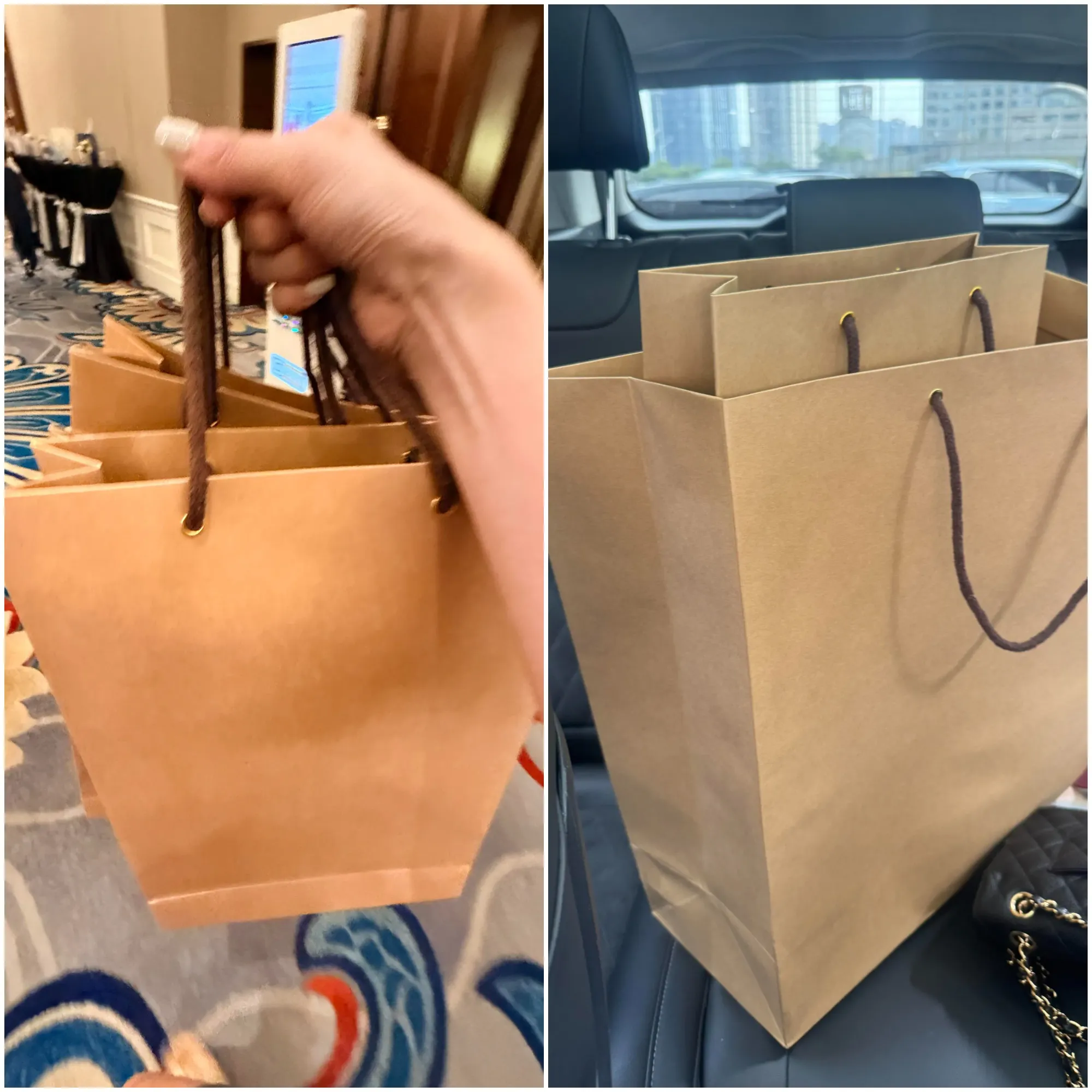 受邀人士分享以啡色紙袋帶走今次Private Sale戰利品，與Hermès專門店常見嘅橙色紙袋及橙盒包裝有所不同。