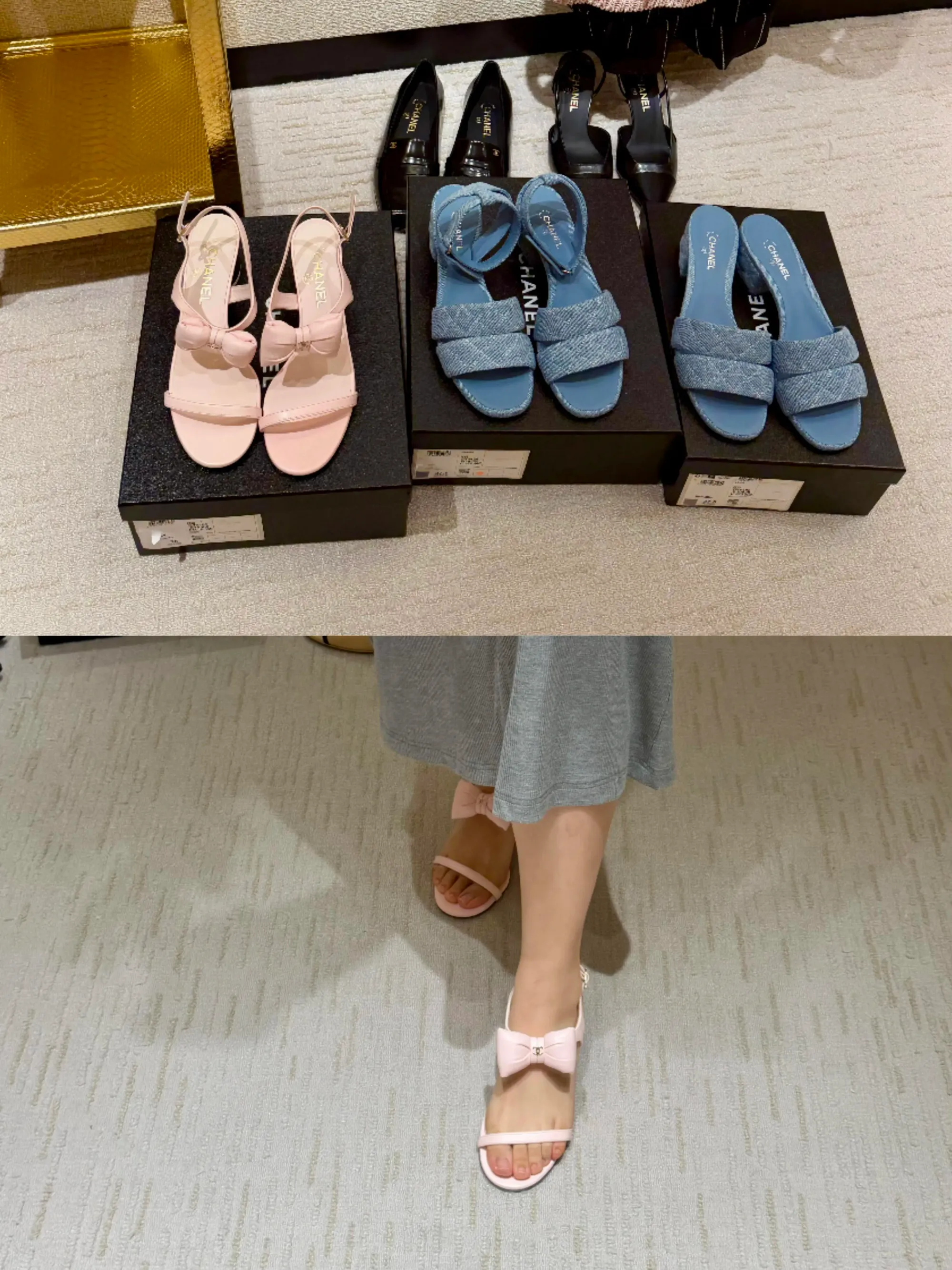 香港 CHANEL 2026 Summer Markdown 鞋履分享。收藏者展示現場幾款鞋履選擇，包括粉色蝴蝶結涼鞋及牛仔色高跟拖鞋等款式。分享指出今季鞋履設計包含較明顯嘅季節元素，例如蝴蝶結、牛仔色調等，整體偏向春夏系列風格。