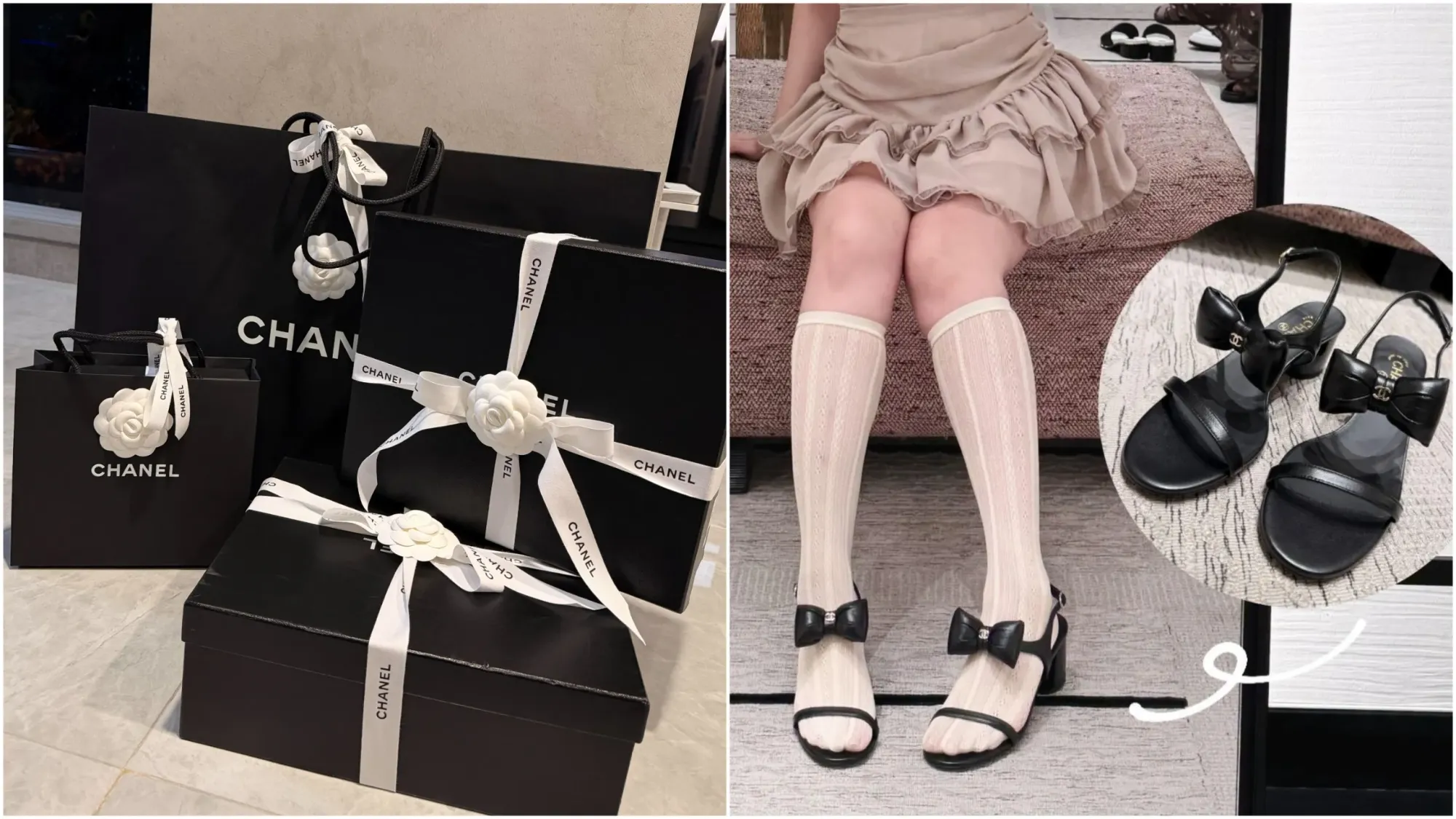 台灣網民分享 CHANEL Summer Markdown 入手黑色蝴蝶結中跟涼鞋。照片可見，除咗鞋款外，包裝亦包括白色絲帶及山茶花裝飾，反映部分 Boutique 於 Markdown 購物期間，仍可能提供完整包裝安排。