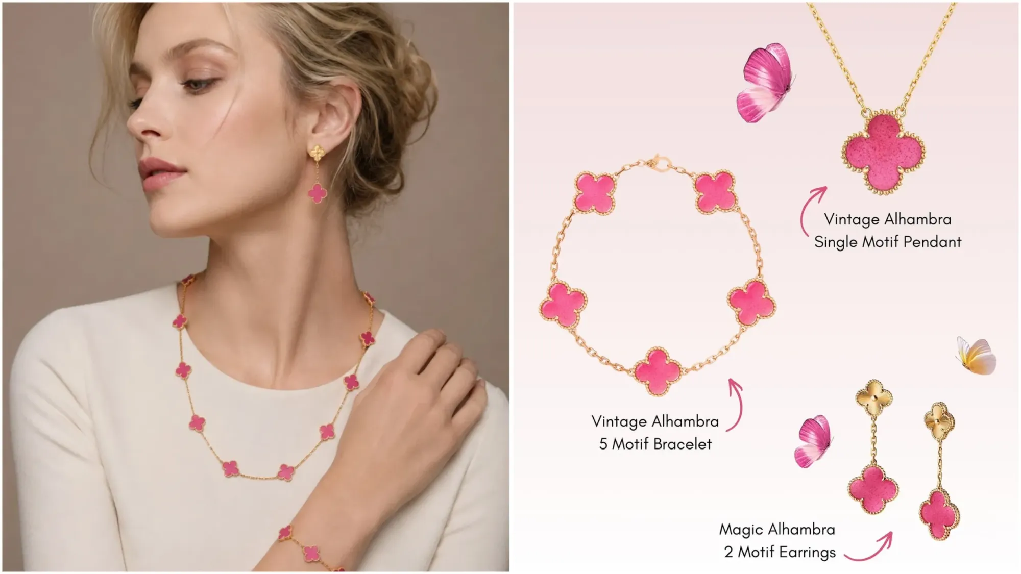 網民討論 Pink Enamel(粉紅琺瑯)與傳統 Alhambra 材質,包括 Carnelian(紅玉髓)、Mother-of-pearl(珍珠母貝)及 Onyx(縞瑪瑙)等版本嘅外觀及收藏價值比較。