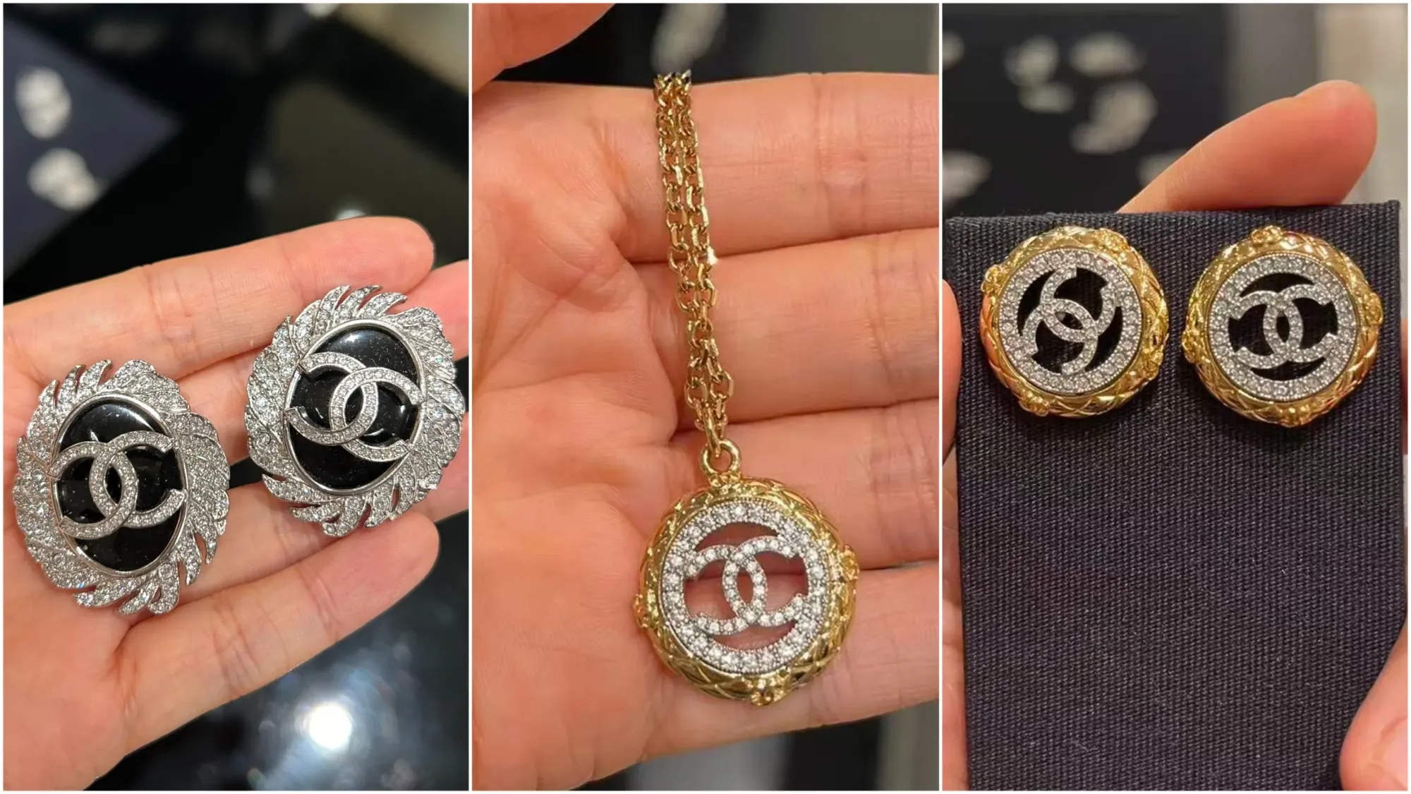 上海 CHANEL 2026 Summer Markdown 現場分享減價時尚首飾(Costume Jewelry)耳環款式,網民表示圖左耳環折後約 CNY¥6,000。圖中項鍊折後約 CNY¥3,500。圖右折後價格約 CNY¥3,000–4,000。根據今次公開分享,上海 Boutique 嘅 Costume Jewelry 選擇相對較多,部分款式亦較受收藏者留意。