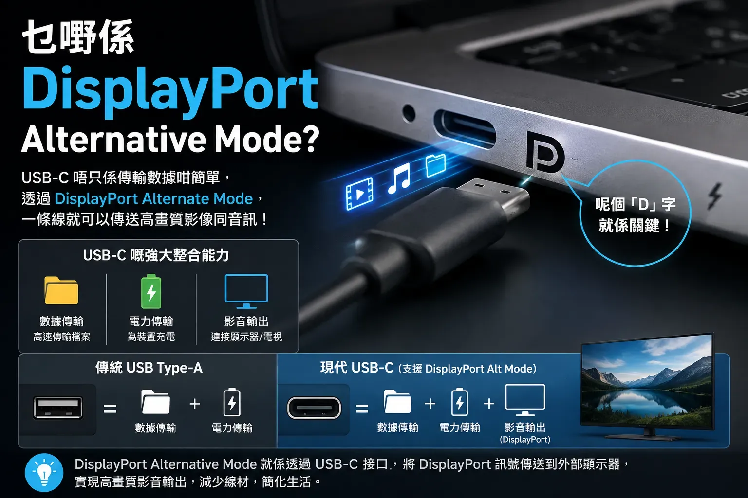 DisplayPort Alt Mode 就係其中一種非常核心嘅擴展功能。佢將具備相關能力嘅 USB-C 接口,直接轉化為一個 DisplayPort 顯示輸出接口。