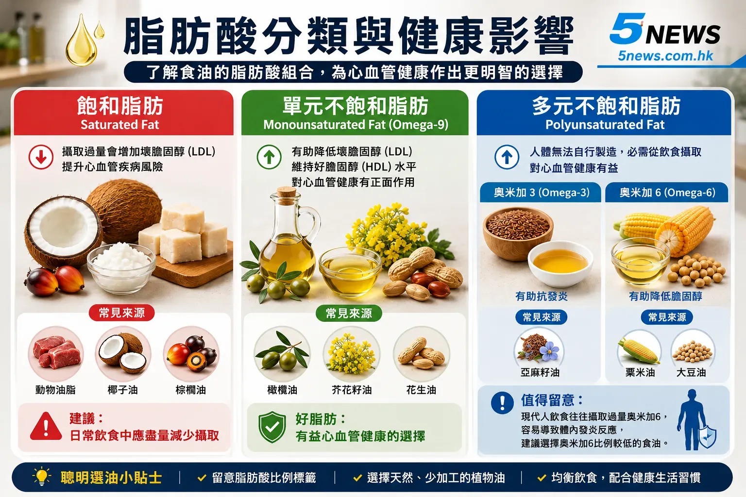 每一款食油都標榜健康，但真正決定食油健康價值嘅，係當中嘅脂肪酸組合。