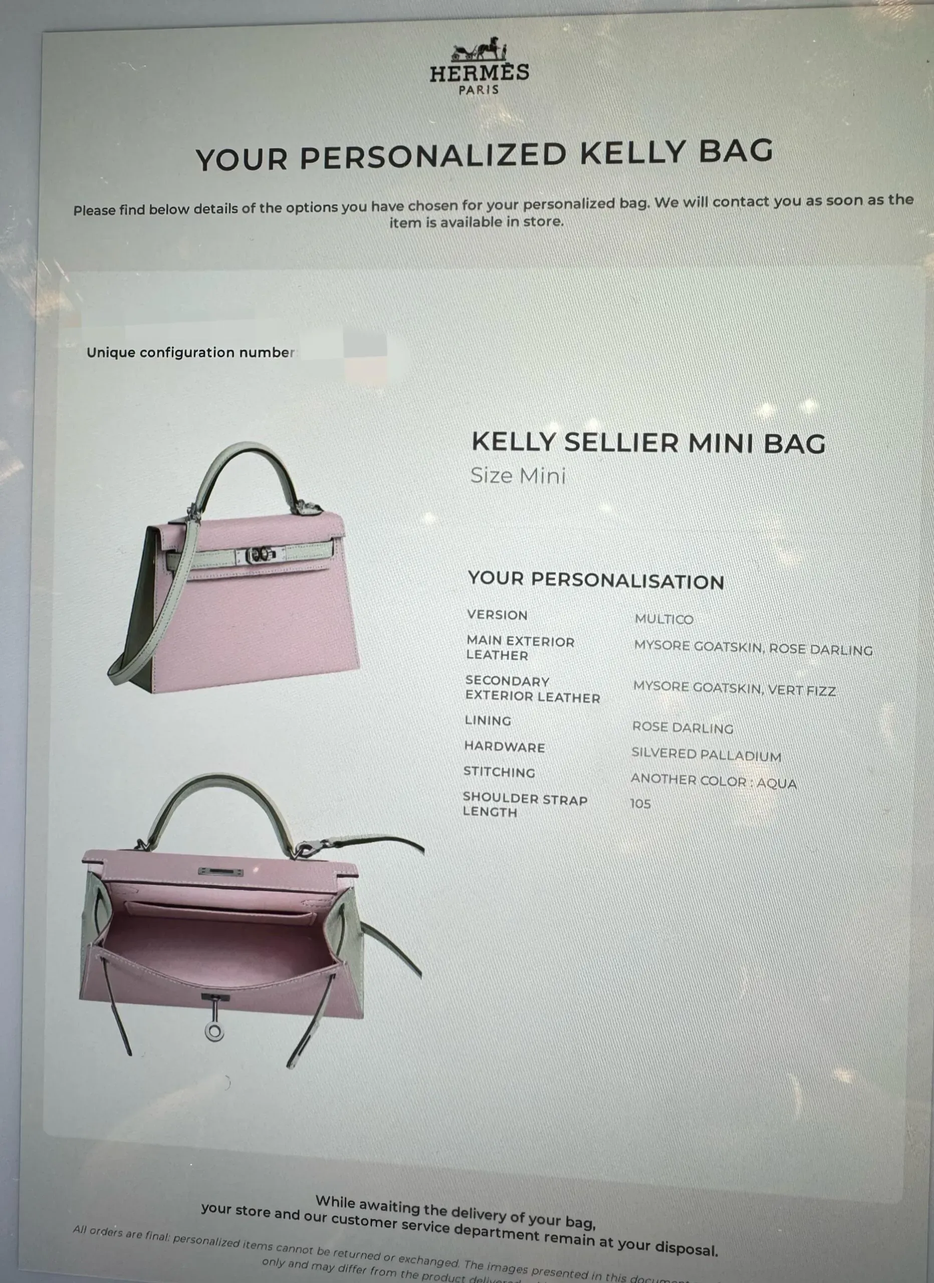 2026 Hermès Special Order(SO)Mini Kelly II 實際設計示範。收藏者選擇粉紅色外層配搭淺綠色內裡,展示 SO 可按照品牌當季 Menu 自訂外層、內裡及其他設計細節。