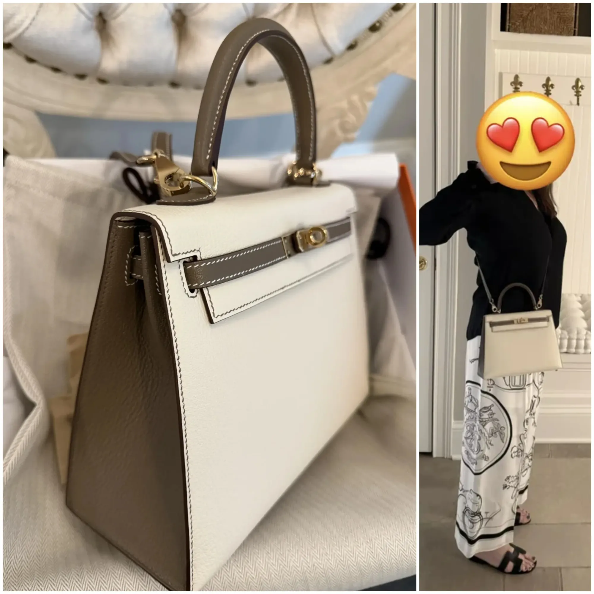 有收藏者分享自己完成嘅&nbsp;Hermès Special Order，最終選擇&nbsp;Kelly 25 Chèvre Nata／Etoupe&nbsp;撞色設計，配搭對比色車線、Permabrass Hardware&nbsp;及&nbsp;105cm&nbsp;肩帶。佢表示，因為特別鍾意&nbsp;Sellier&nbsp;嘅雙色效果，所以第一次&nbsp;SO&nbsp;選擇&nbsp;Kelly。完成製作後，佢再分享實際上身效果，認為&nbsp;105cm&nbsp;肩帶對自己身形十分合適，亦反映&nbsp;Special Order&nbsp;除咗顏色同皮革之外，肩帶長度等細節，同樣會影響日常使用體驗。