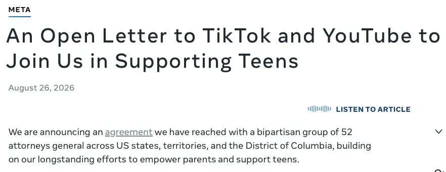Meta 甚至發表咗一封公開信,敦促 TikTok 同 YouTube 配合。