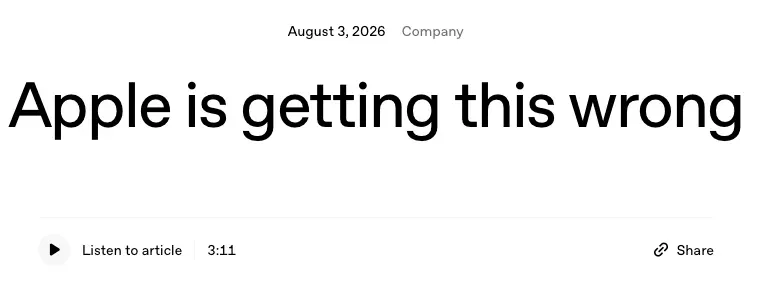 OpenAI 喺8月4日選擇咗一個唔尋常嘅回應方式:發表一篇名為「Apple is getting this wrong」(蘋果搞錯了)嘅網誌文章,而唔係單純依賴法庭文件。