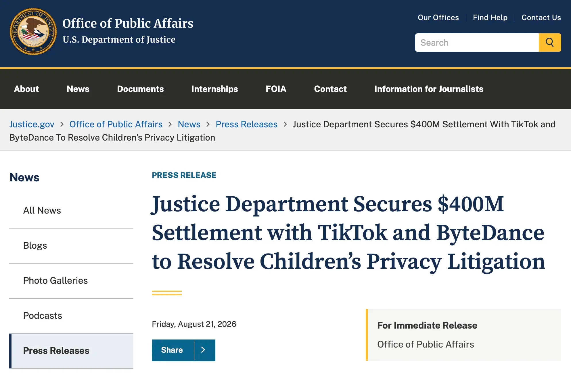 短片平台 TikTok 同埋佢嘅母公司字節跳動(ByteDance)同美國司法部(Department of Justice, DoJ)正式達成協議。TikTok 將會支付總共四億美元,為一宗涉及違反兒童私隱法例嘅訴訟畫上句號。