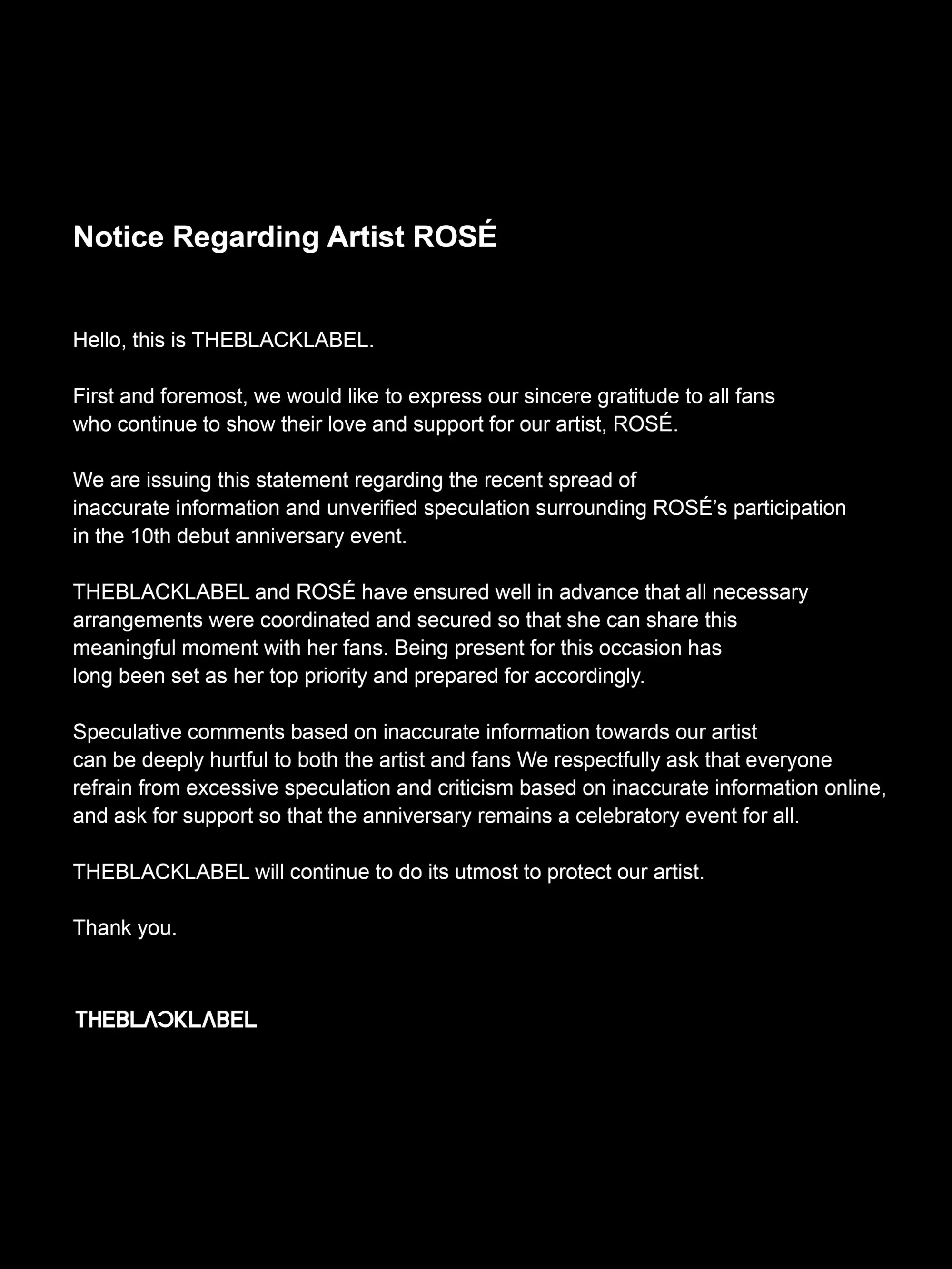 THEBLACKLABEL率先發表中英文正式聲明,確認Rosé一定會出席。