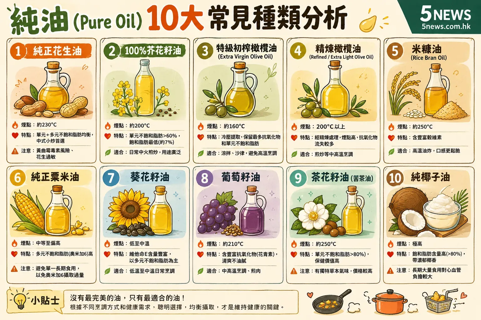 純油係指由單一植物種子、果實或堅果提取出嚟嘅食油，成分單一，品質取決於榨取工藝。