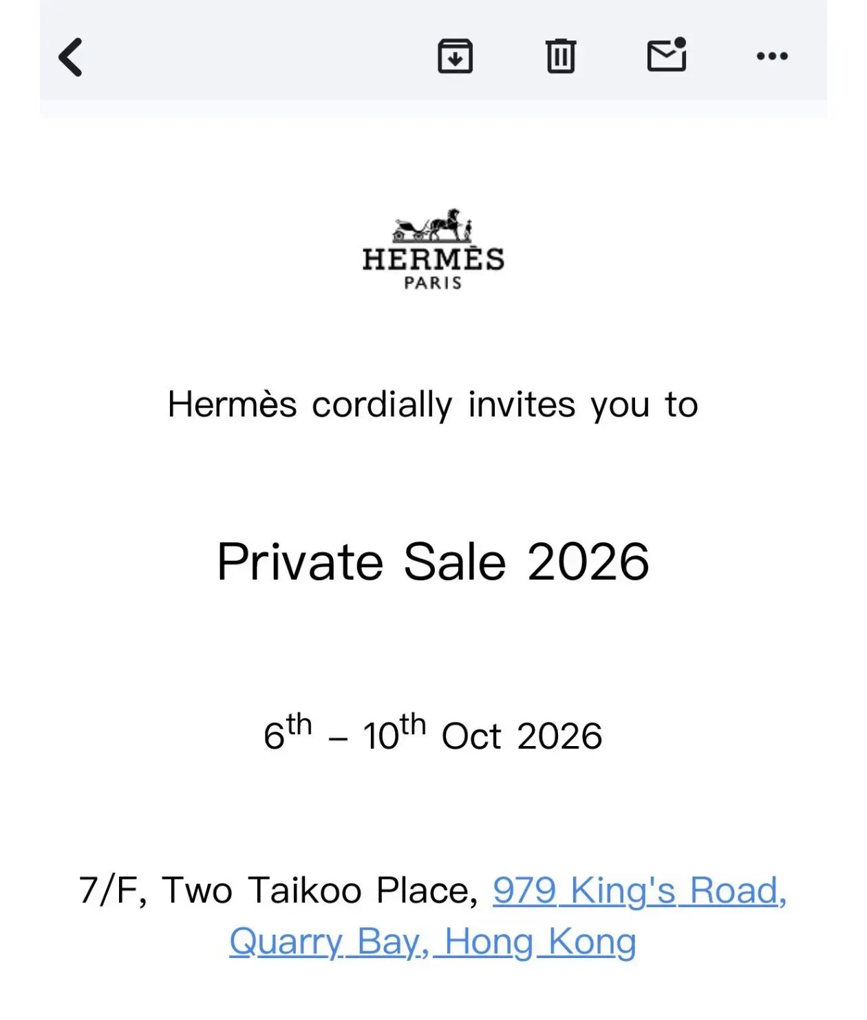 Hermès Private Sale 2026 Email邀請函,列明活動於2026年10月6日至10日舉行,地點為鰂魚涌太古坊二座7樓。