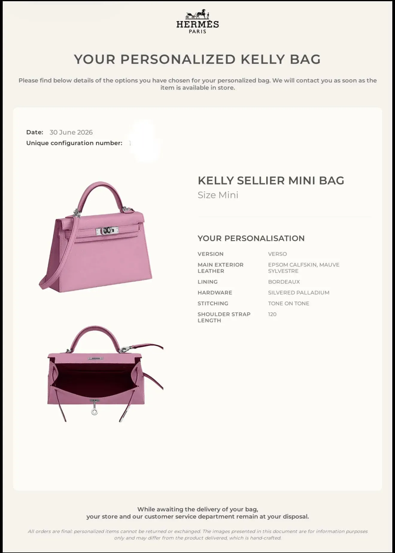 樓主公開第二次&nbsp;Hermès Special Order（SO）設計配置，包括&nbsp;Kelly Sellier Mini（Mini Kelly II）、Mauve Sylvestre&nbsp;外層、Bordeaux Verso&nbsp;內襯、Palladium Hardware（銀扣）、Tone-on-tone&nbsp;車線&nbsp;及120cm&nbsp;肩帶。佢表示，之前第一次&nbsp;SO&nbsp;曾經追求獨特配色，之後反而覺得後悔，因此今次選擇回歸經典設計，希望更加耐看，同時滿足一直想擁有&nbsp;Mauve Sylvestre&nbsp;嘅心願。