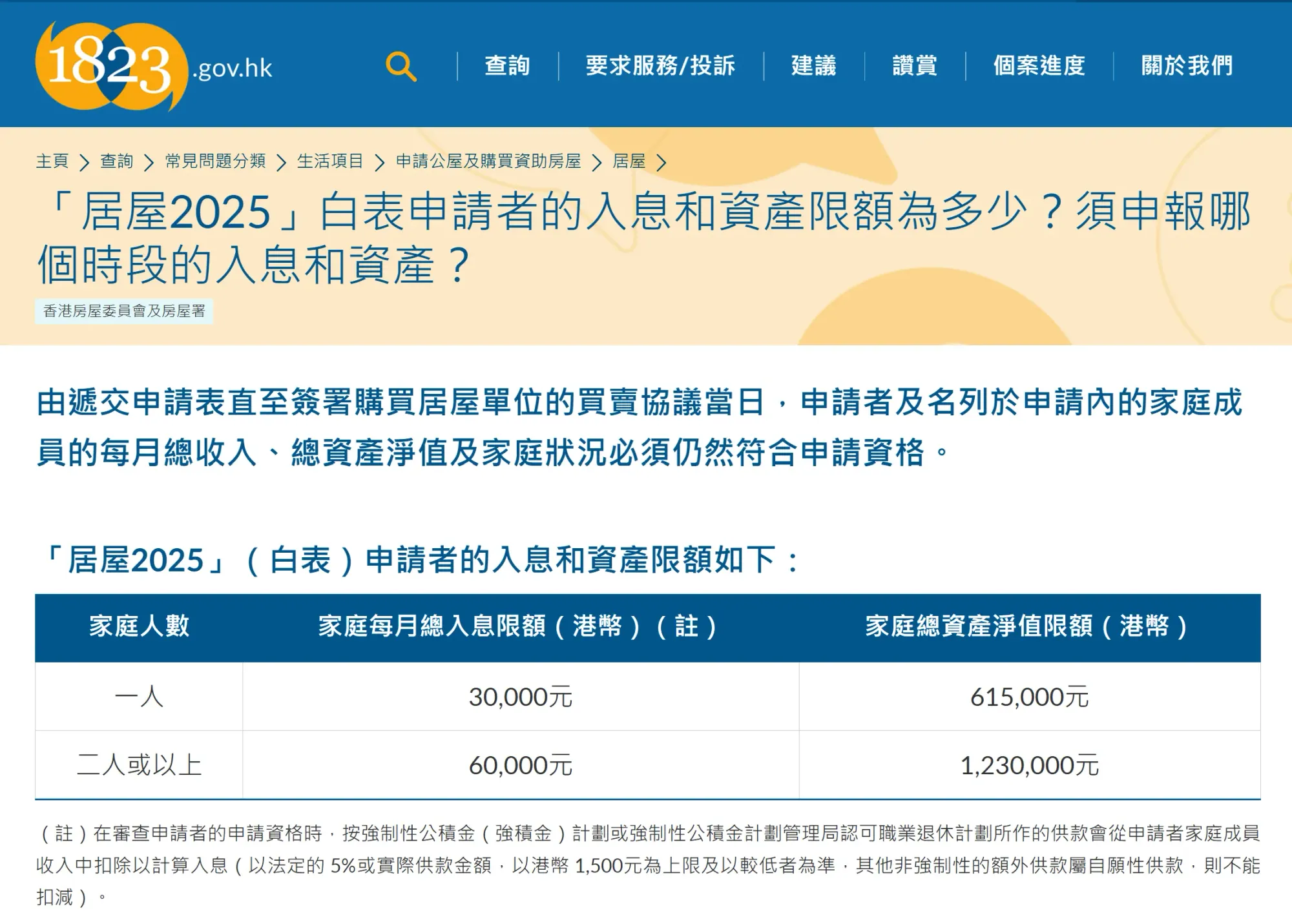 1823官方資料列出「居屋2025」白表申請者嘅每月家庭總入息及家庭總資產淨值限額,同時列明申請時須申報嘅入息及資產時段。