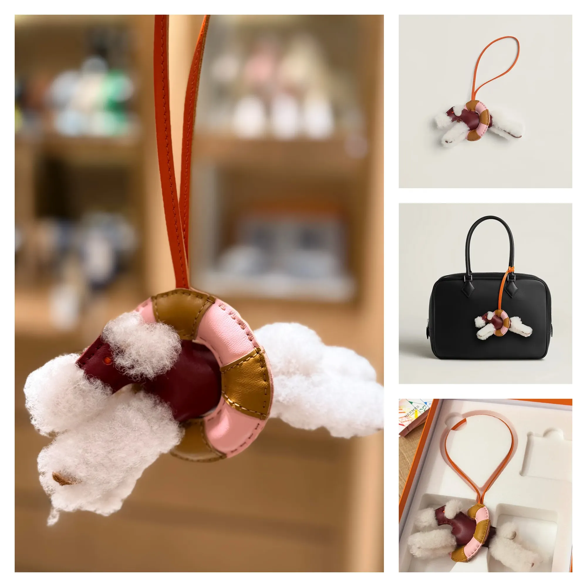 Hermès Budy「À la Mer」Charm（Écru／Rouge H）官方產品圖片及實物分享。白色Merinos羊毛Fox Terrier配搭Rouge H酒紅色上衣、Rose Sakura粉紅色及Sésame芝麻色相間救生圈，以及Feu橙色皮革掛繩。實物可見毛絨質感及救生圈立體結構，比官方圖片更容易觀察材質細節。