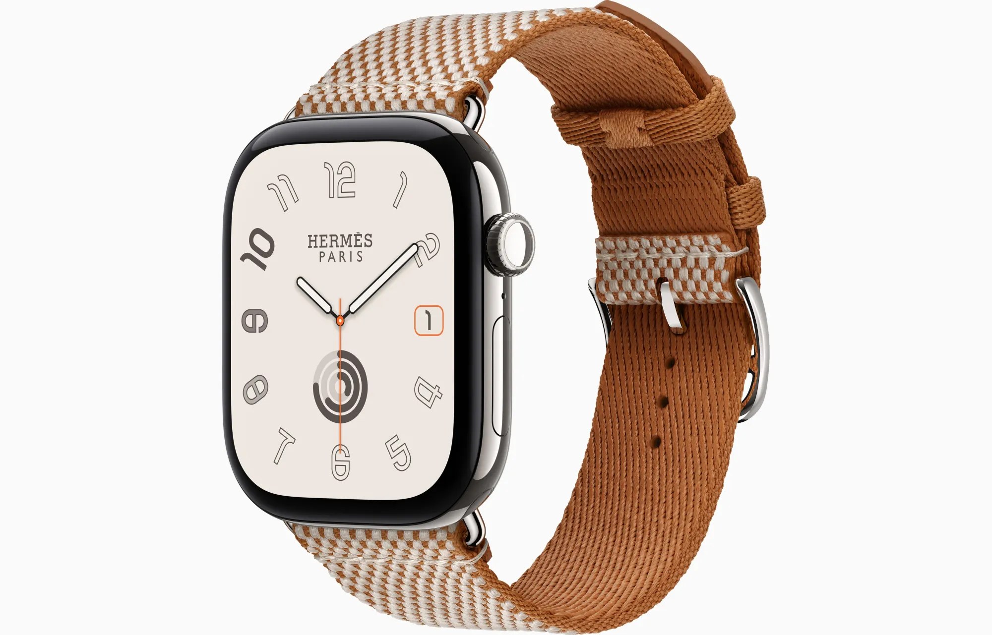 Apple Watch Hermès Series 12其中一款46mm配置,採用銀色鈦金屬錶殼及Gold/Écru Toile H Single Tour錶帶,9月18日起發售。
