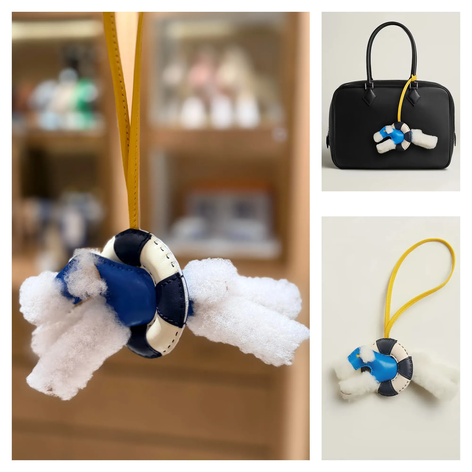 Hermès Budy「À la Mer」Charm（Écru／Bleu Hydra）官方產品圖片及實物分享。白色Fox Terrier配搭Bleu Hydra鮮藍色上衣、Bleu Nuit深藍色配Craie奶白色救生圈，以及Jaune de Naples淡黃色掛繩，整體最能呼應系列「À la Mer（到海邊）」主題。