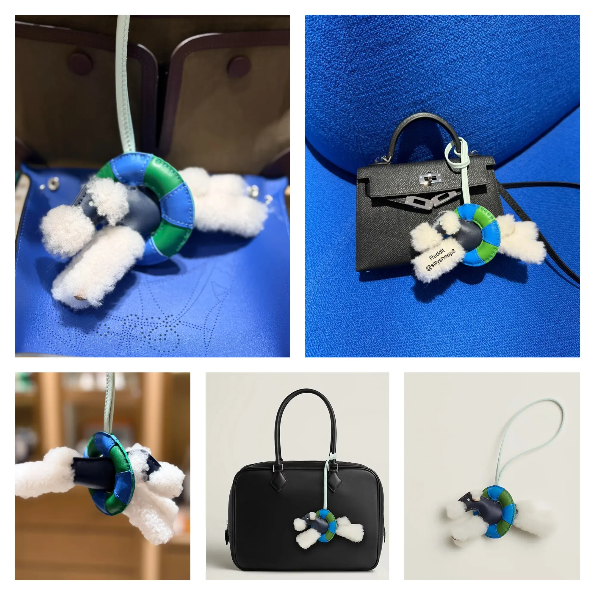 Hermès Budy「À la Mer」Charm（Écru／Nuit）官方產品圖片及實物分享。白色Fox Terrier配搭Nuit深藍色上衣、Bleu Hydra鮮藍色及Vert Yucca綠色相間救生圈，以及Peppermint薄荷綠掛繩，配色層次較豐富，海洋元素亦較鮮明。