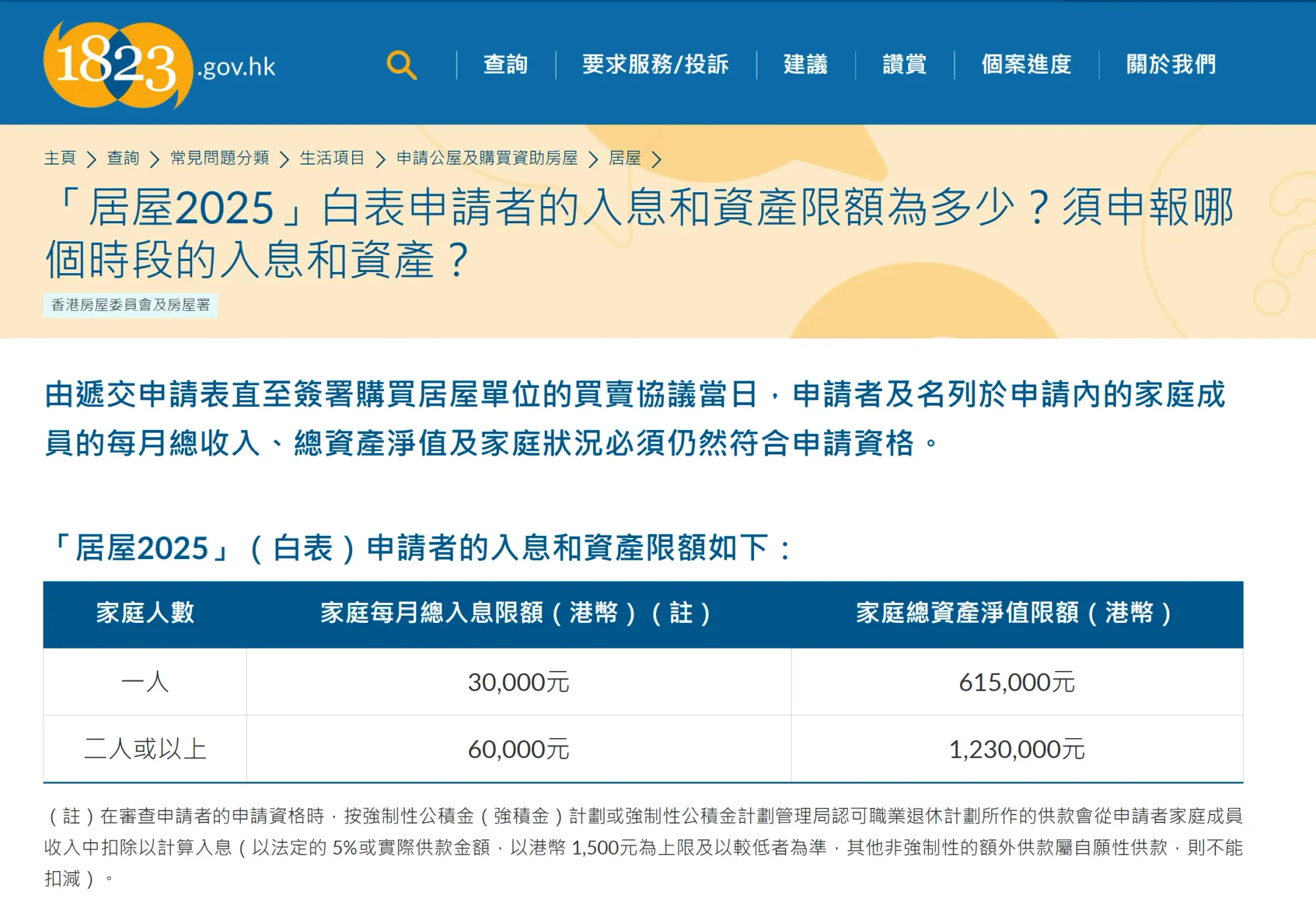 1823官方資料列明「居屋2025」白表申請者嘅入息及資產限額，並列出申請時須申報嘅入息及資產計算時段／日期，包括每月家庭總入息、家庭總資產淨值，以及相關申報期。