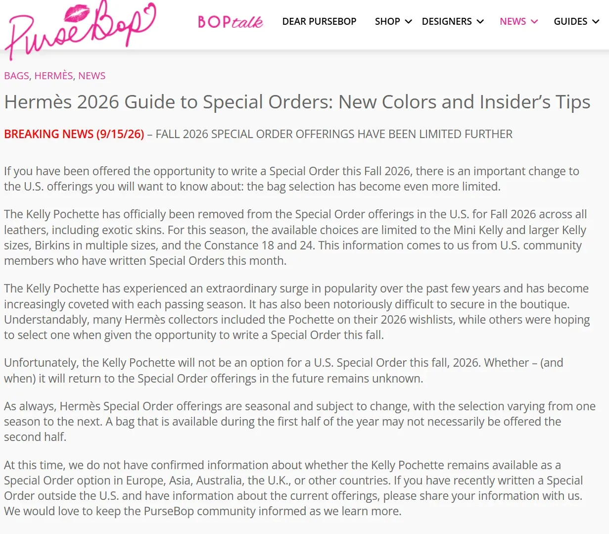PurseBop於2026年9月15日發布Fall 2026 Special Order最新資訊,明確指出Kelly Pochette已從美國今季SO選項移除。
