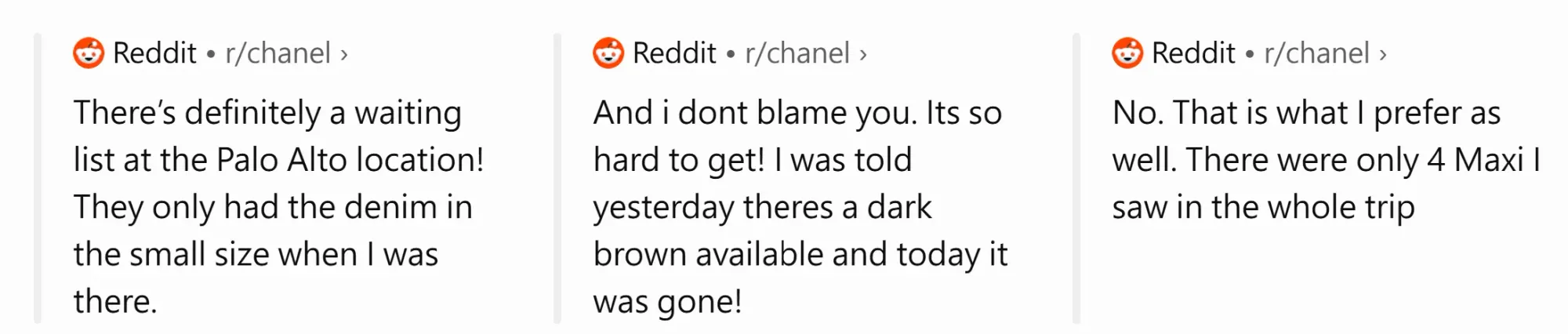 Reddit留言區多名海外用家分享Maxi Flap供應情況,有人表示美國店舖已有等待名單,亦有人遇到前一日有貨、翌日已售出嘅情況;原帖樓主則表示整個北歐旅程只見到4個Maxi,反映即使部分地區貨量相對充足,心水款式仍未必容易遇到。