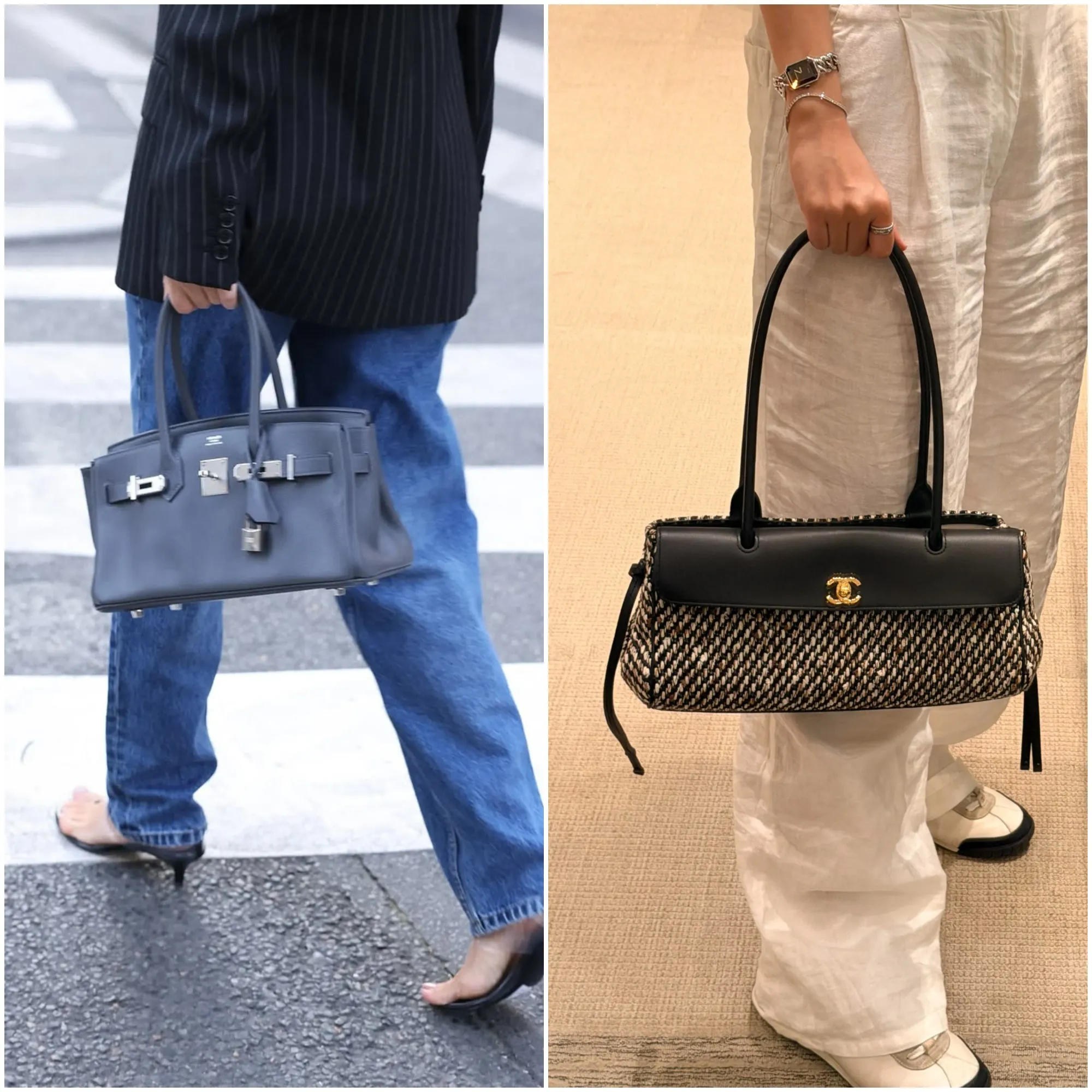 Hermès Shoulder Birkin 29(左)同 Chanel 26S Small Shopping Tote(右)都採用修長 East-West 比例及肩孭設計,因此推出後經常被收藏者放埋一齊討論。不過,兩者喺袋身結構、設計語言同品牌特色方面仍然各有不同。