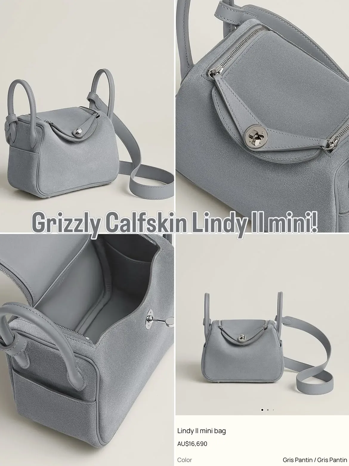 Hermès官方網站展示Gris Pantin Grizzly calfskin Lindy Mini，灰色麂皮突出天然絨面層次。
