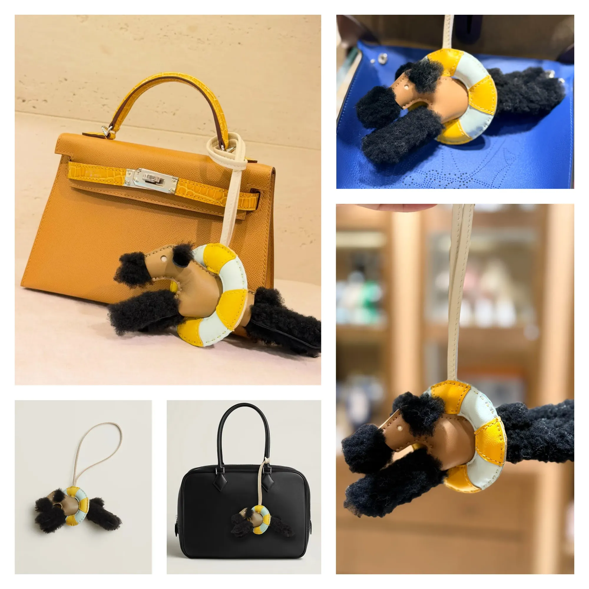 Hermès Budy「À la Mer」Charm（Noir／Dune）官方產品圖片及實物分享。黑色Merinos羊毛Fox Terrier配搭Dune淺啡色上衣、Jaune de Naples淡黃色及Peppermint薄荷綠相間救生圈，以及Craie奶白色皮革掛繩。黑色毛絨與奶白色掛繩形成鮮明對比，亦係目前官方版本中唯一採用黑色Fox Terrier嘅配色。