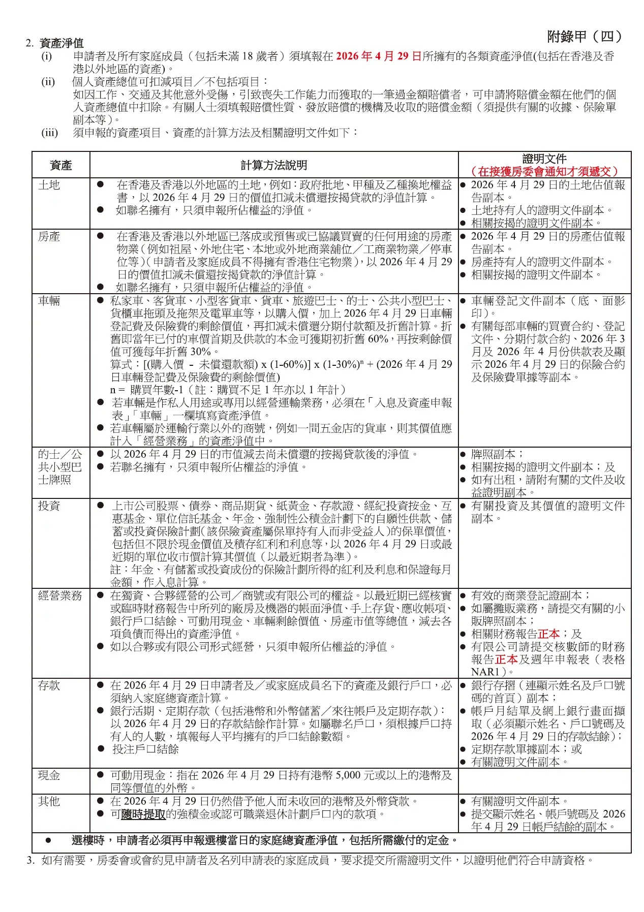 「居屋2025」申請指南附錄甲列出家庭總資產淨值嘅計算項目及相關申報要求，涵蓋申請人及家庭成員需要申報嘅不同資產類別，可作為填寫資產資料時嘅對照。