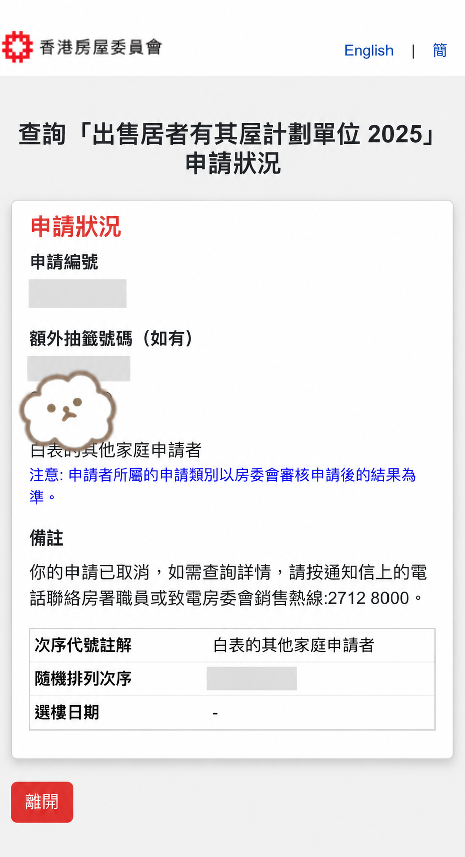 這宗個案涉及一對夫婦申請居屋及白居二，抽籤後均取得較前選擇次序；其後房屋署審查家庭資產時，因保險現金價值計入資產後超出二人或以上家庭HK$123萬資產上限，最終兩宗申請一併被取消。