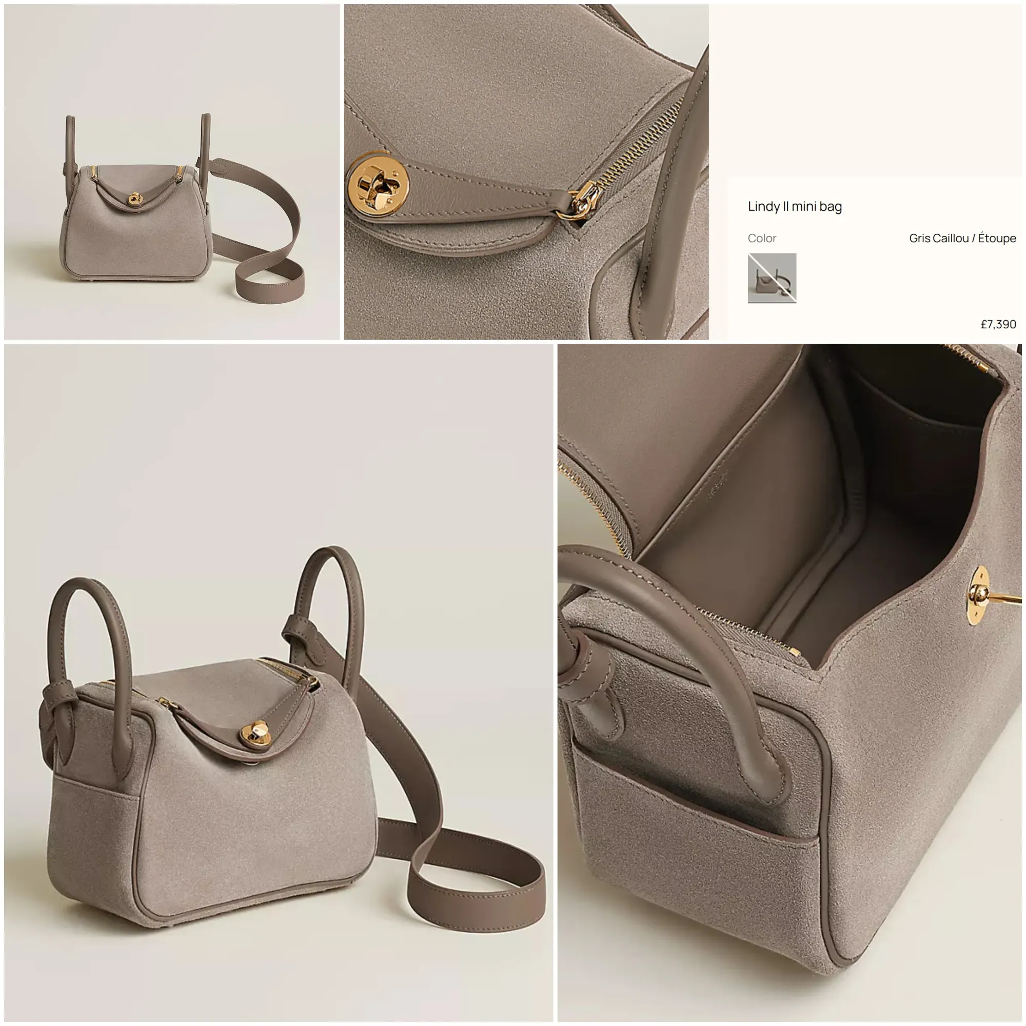 Hermès Lindy II Mini Gris Caillou / Étoupe版本，結合Grizzly calfskin與Swift calfskin兩種皮革。